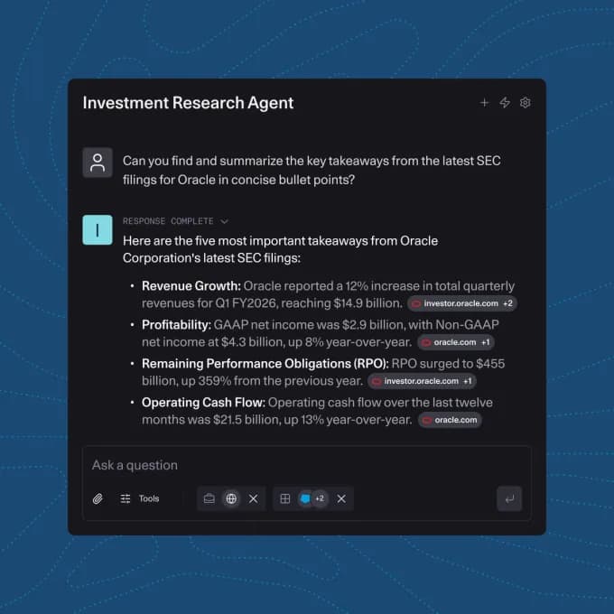A dark chat panel titled Investment Research Agent, answering a question about Oracle's latest SEC filings with bullet-point takeaways and cited sources