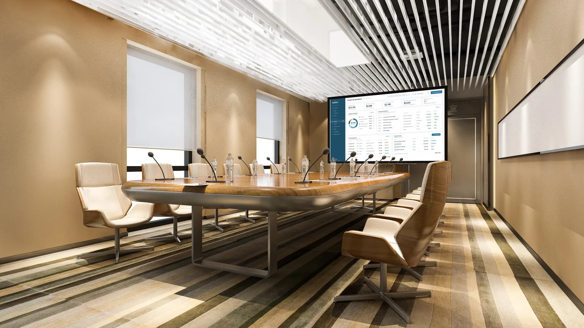 The Finance & Operations console: a $12.4M cash position, $2.8M monthly expenses, $1.9M incoming payments, $452K pending reimbursements and 27 expense claims awaiting review, over an expense breakdown led by personnel at 42% and research materials at 18%, recent transactions including a $250,000 grant payment, a finance approval queue and ACH and wire payouts from $12,500 to $340,000 — projected on the screen at the end of a boardroom, microphones and water bottles along the table