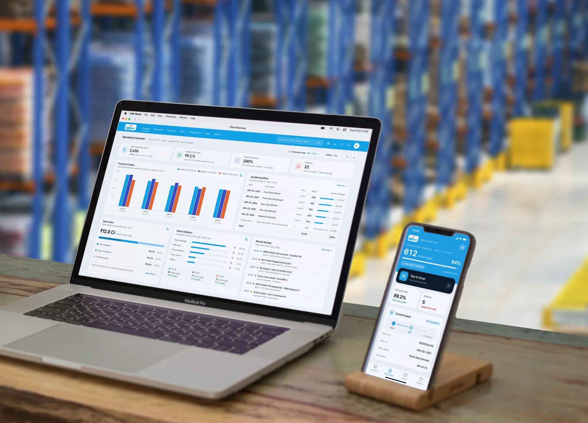 The UNO Minda Plant Overview on a MacBook Pro beside the Production Terminal on an iPhone in a stand, on a desk at the end of a warehouse aisle: 2,436 seats produced at a 99.1% pass rate in the office view, and a live shift count of 612 against a 650 target with a scan action on the line