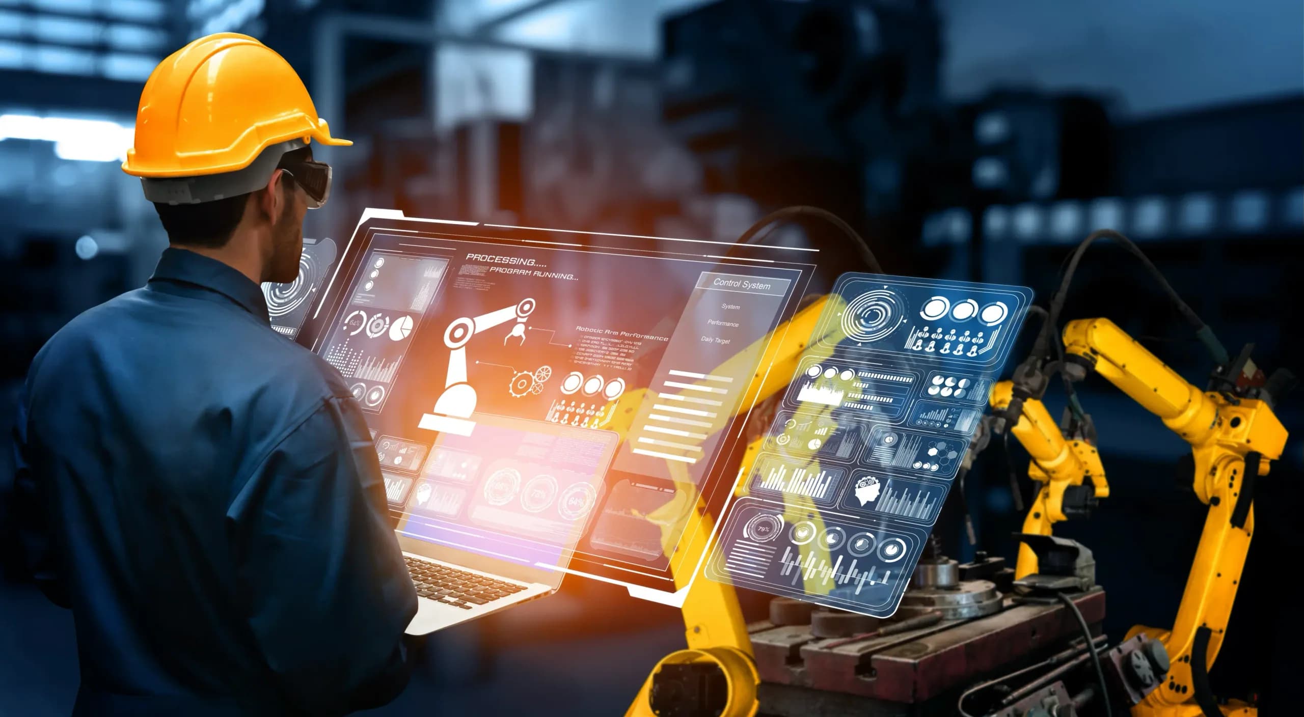 Robotic arms working a smart-factory assembly line