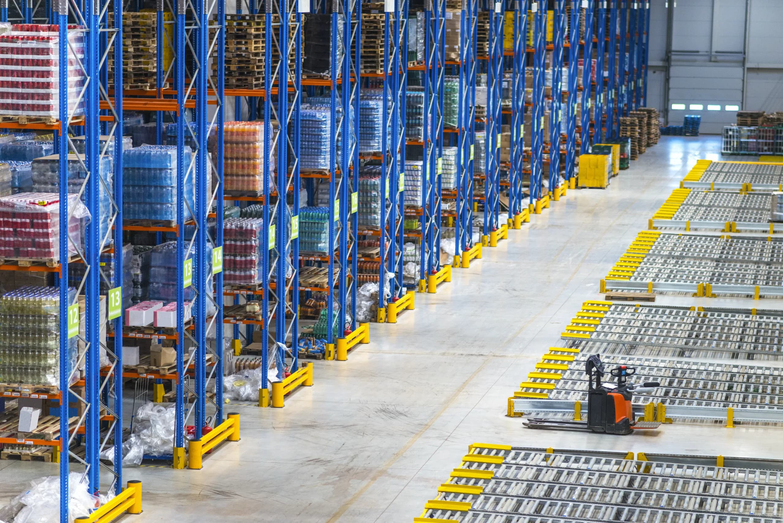 Racking aisles running the length of a distribution warehouse