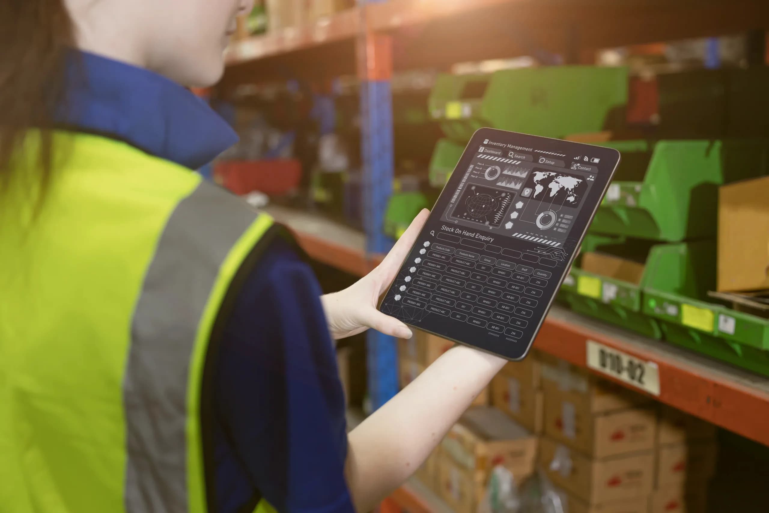 A warehouse inventory manager checking stock on a tablet computer between rows of shelving