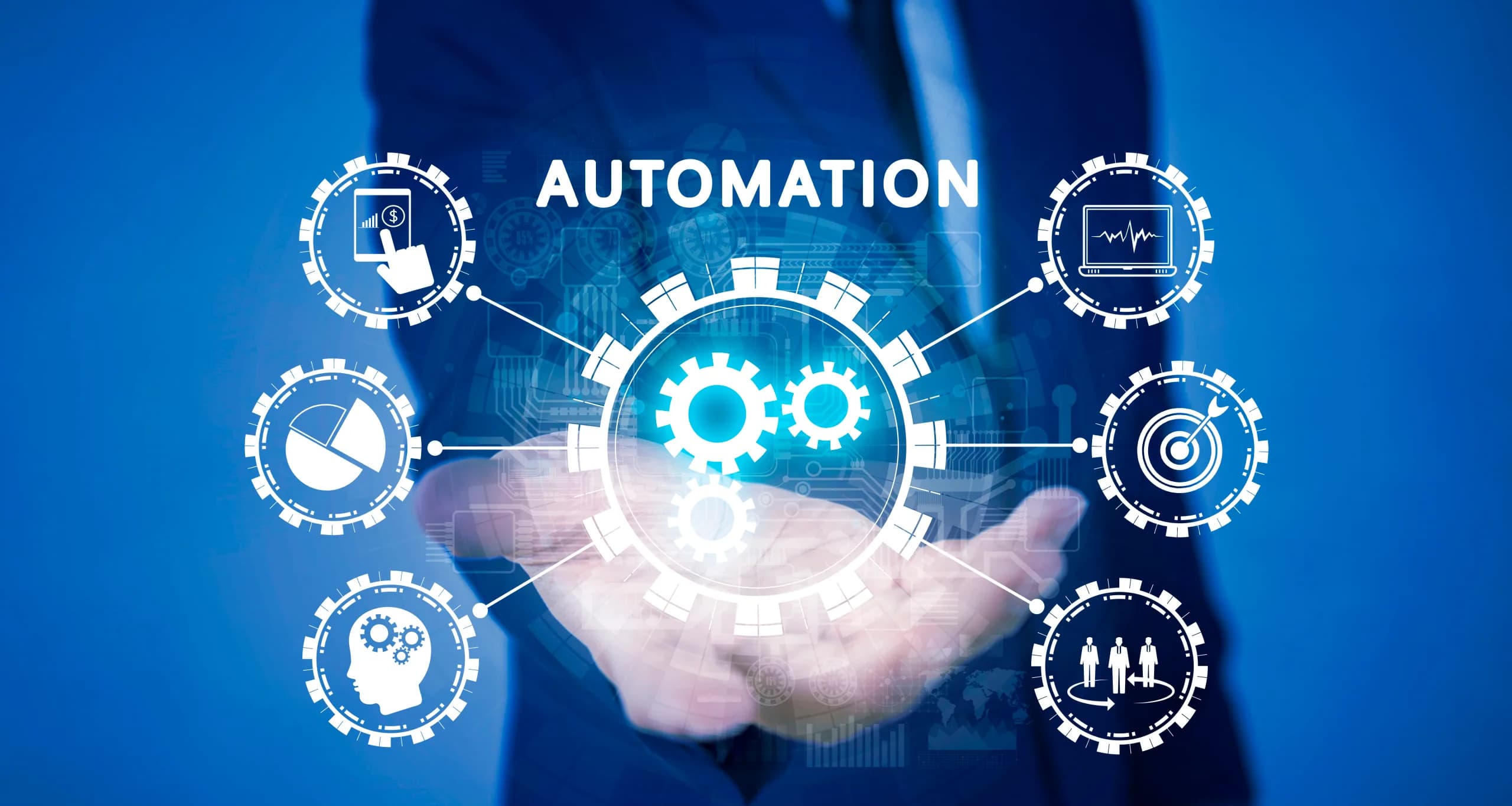 An office workflow automation concept showing business processes connected across several systems