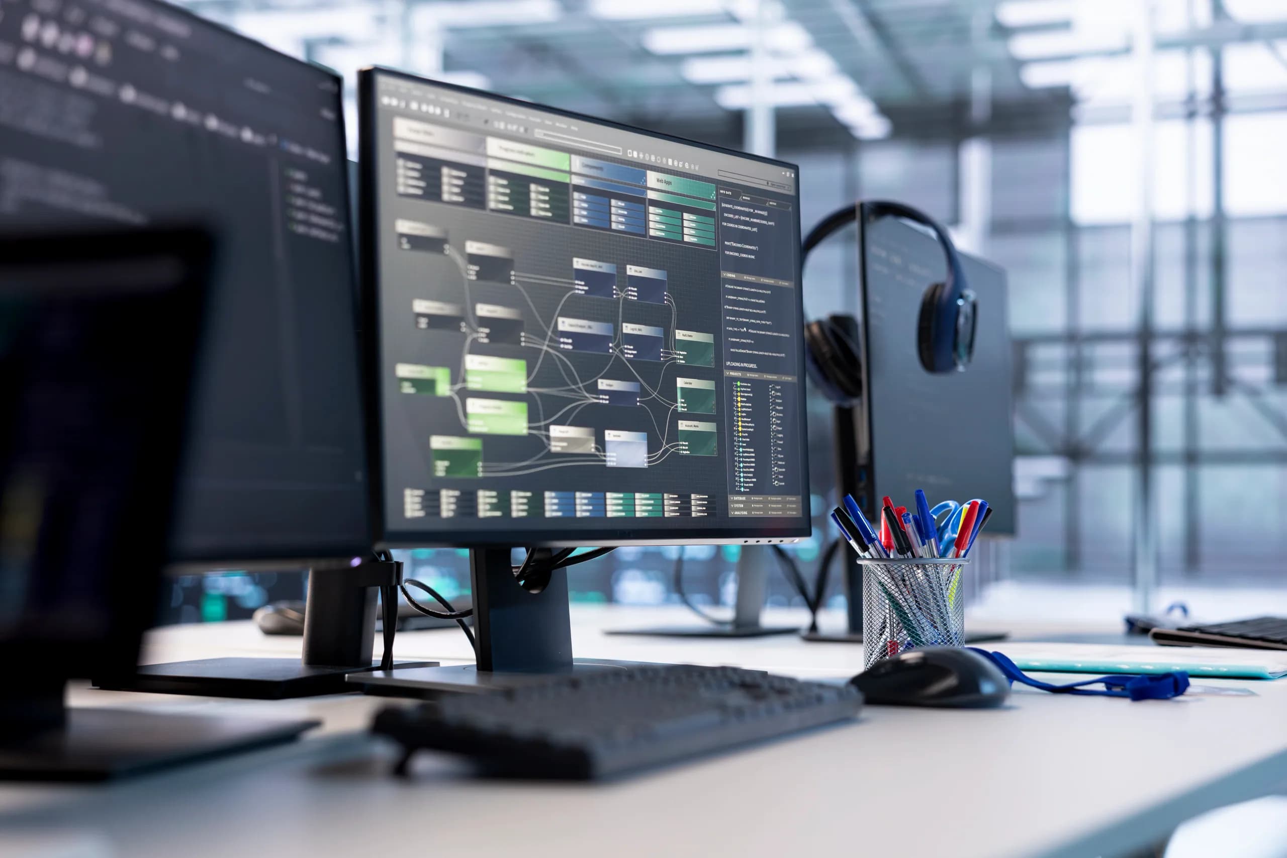A developer's desk with two monitors, one showing a node-based data flow, beside a keyboard and a pot of pens