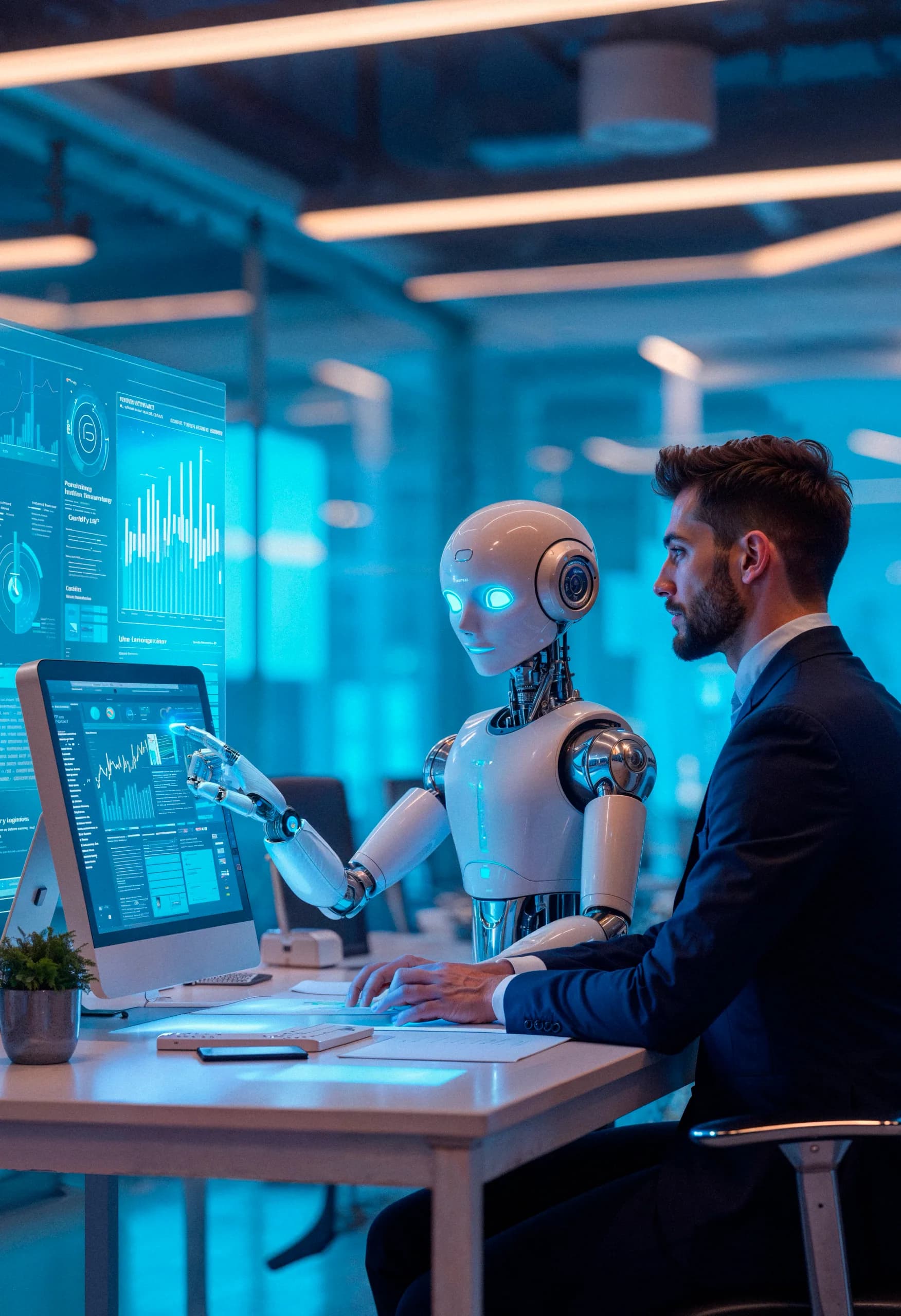 A person and a robot working side by side, representing AI agents for business operations