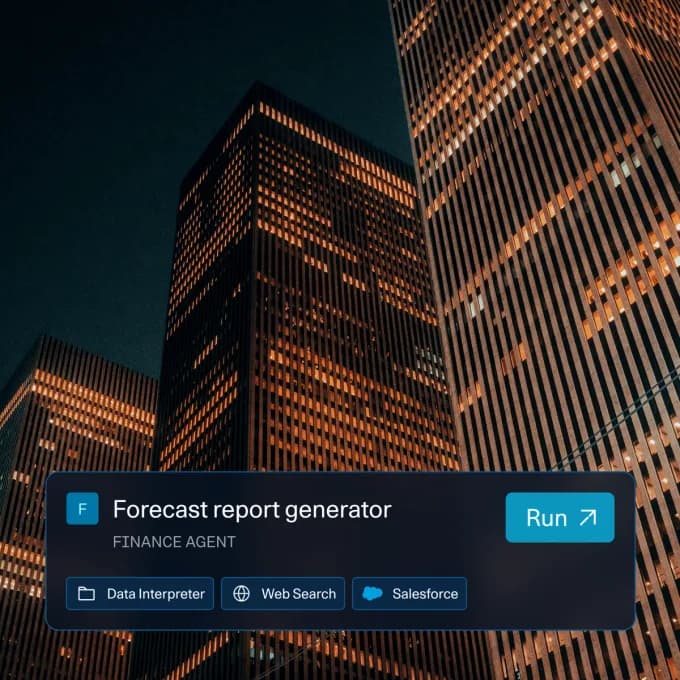 A finance agent card labelled Forecast report generator, ready to run