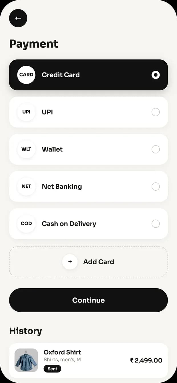 Shopper app — payment method