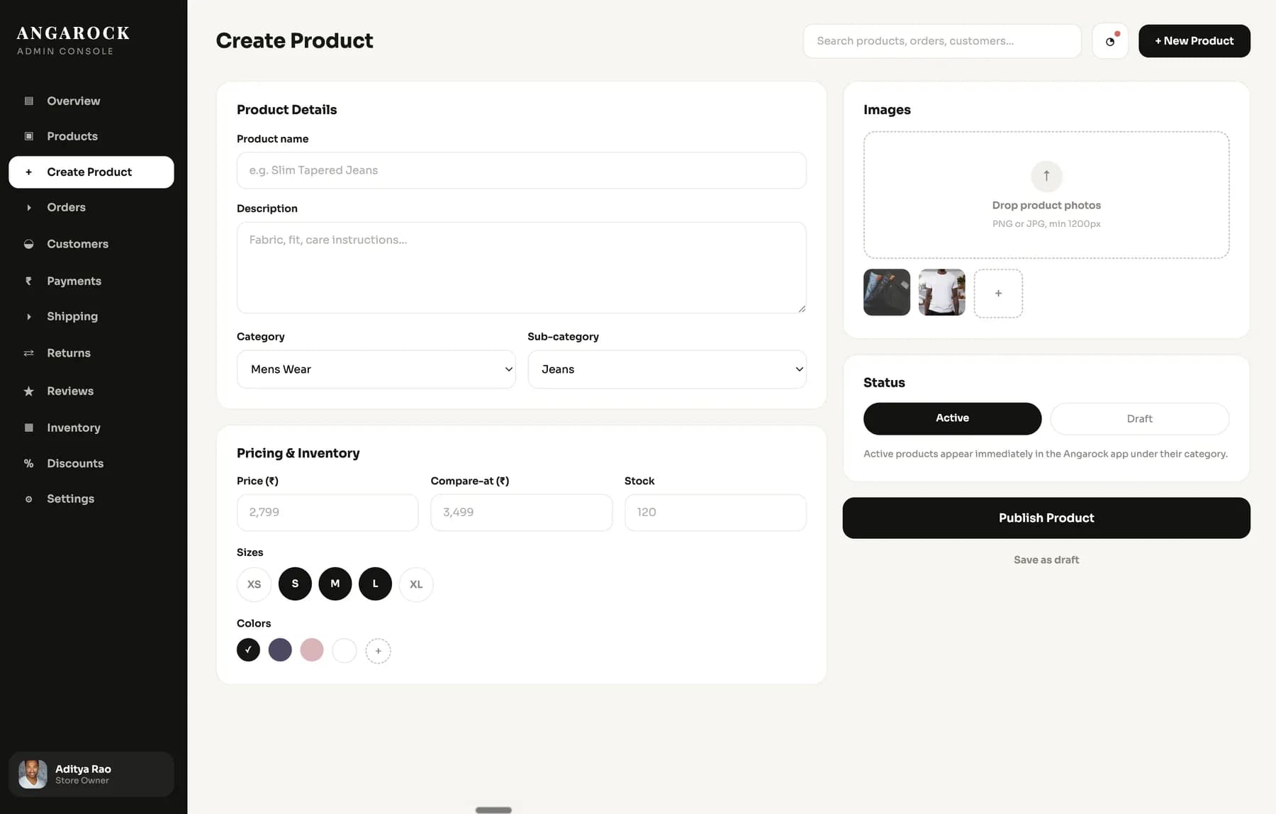 Admin console — create product
