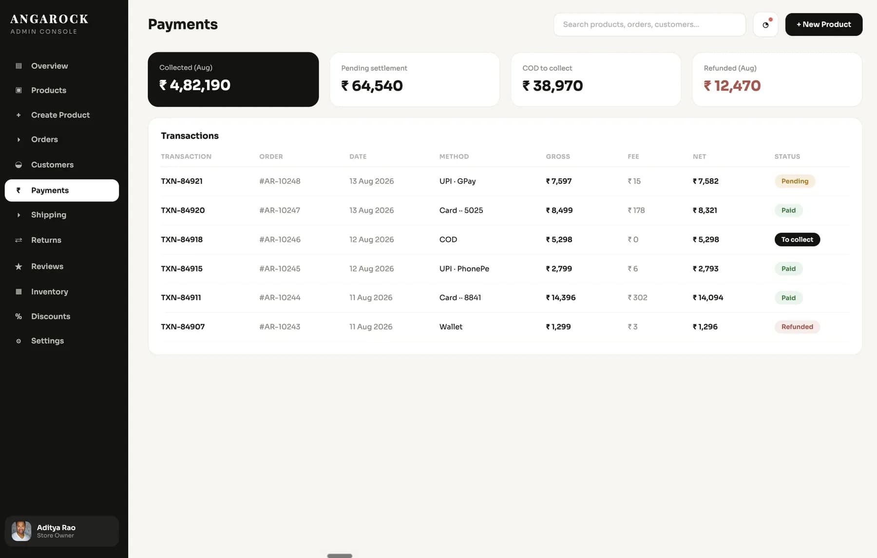 Admin console — payments