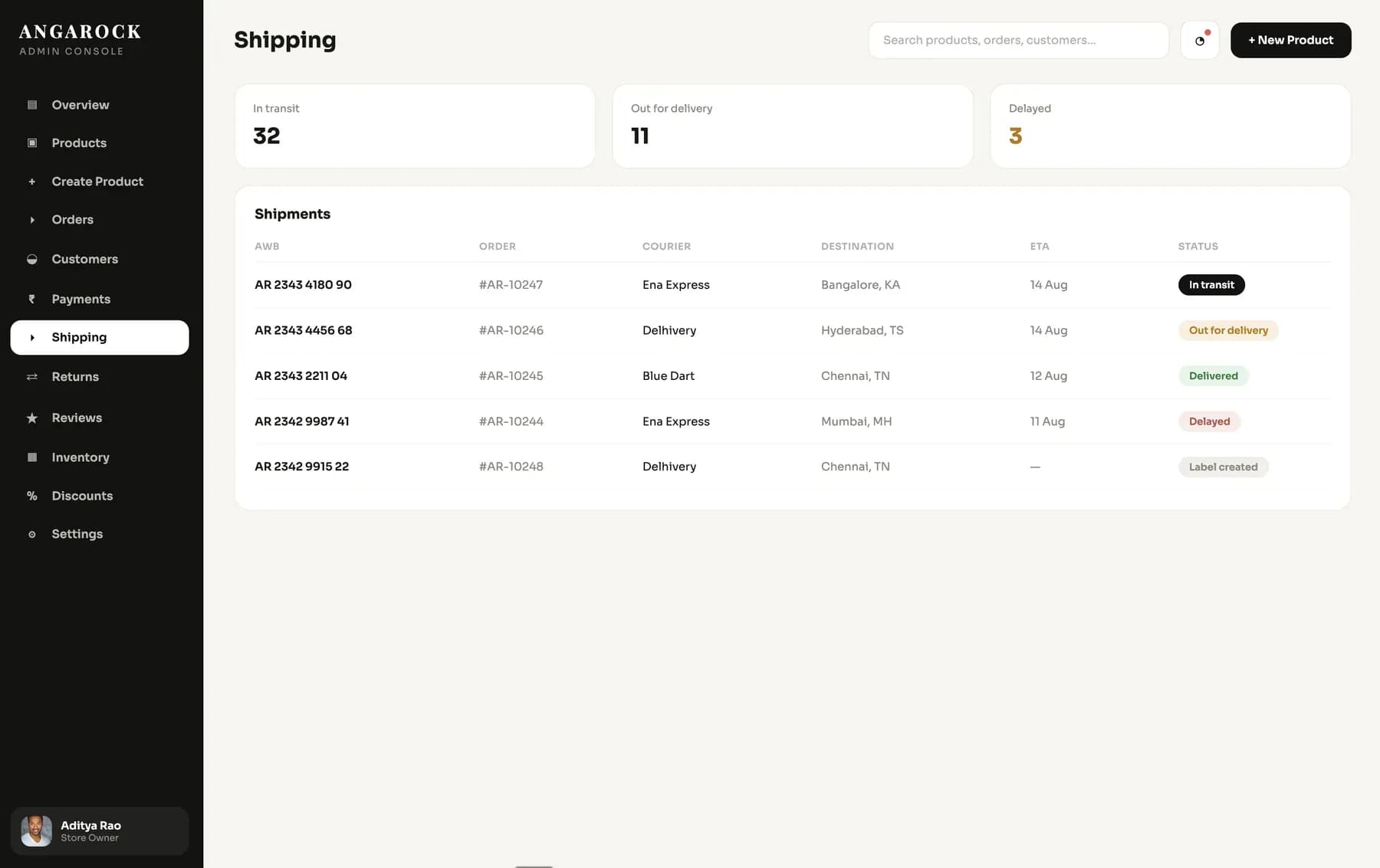 Admin console — shipping