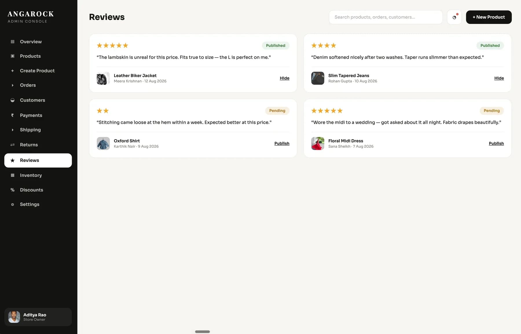 Admin console — reviews