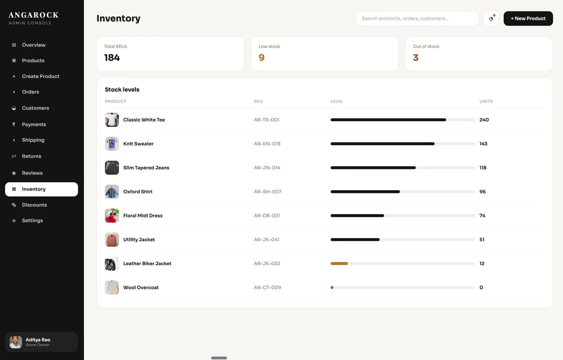 Variant-level inventory with low-stock and out-of-stock states