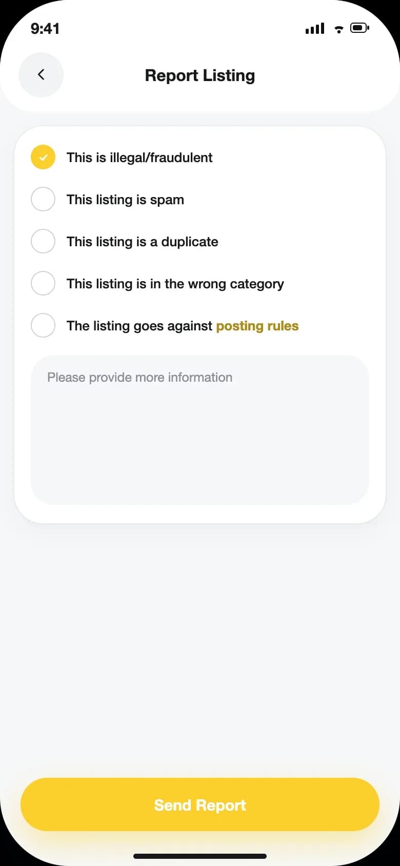 Mobile app — report a listing
