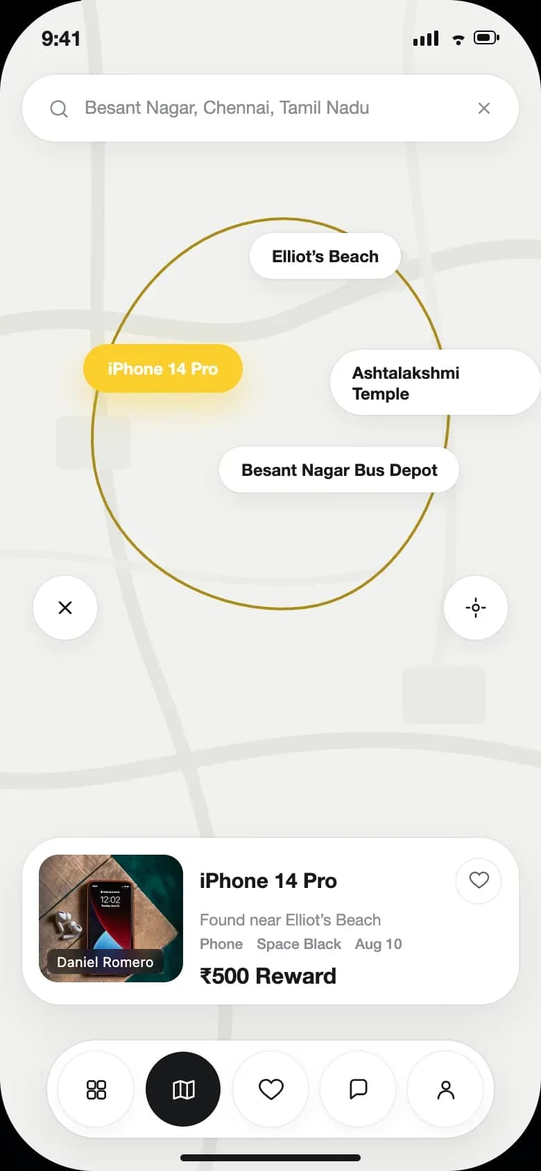 Map search with landmark labels and a radius ring