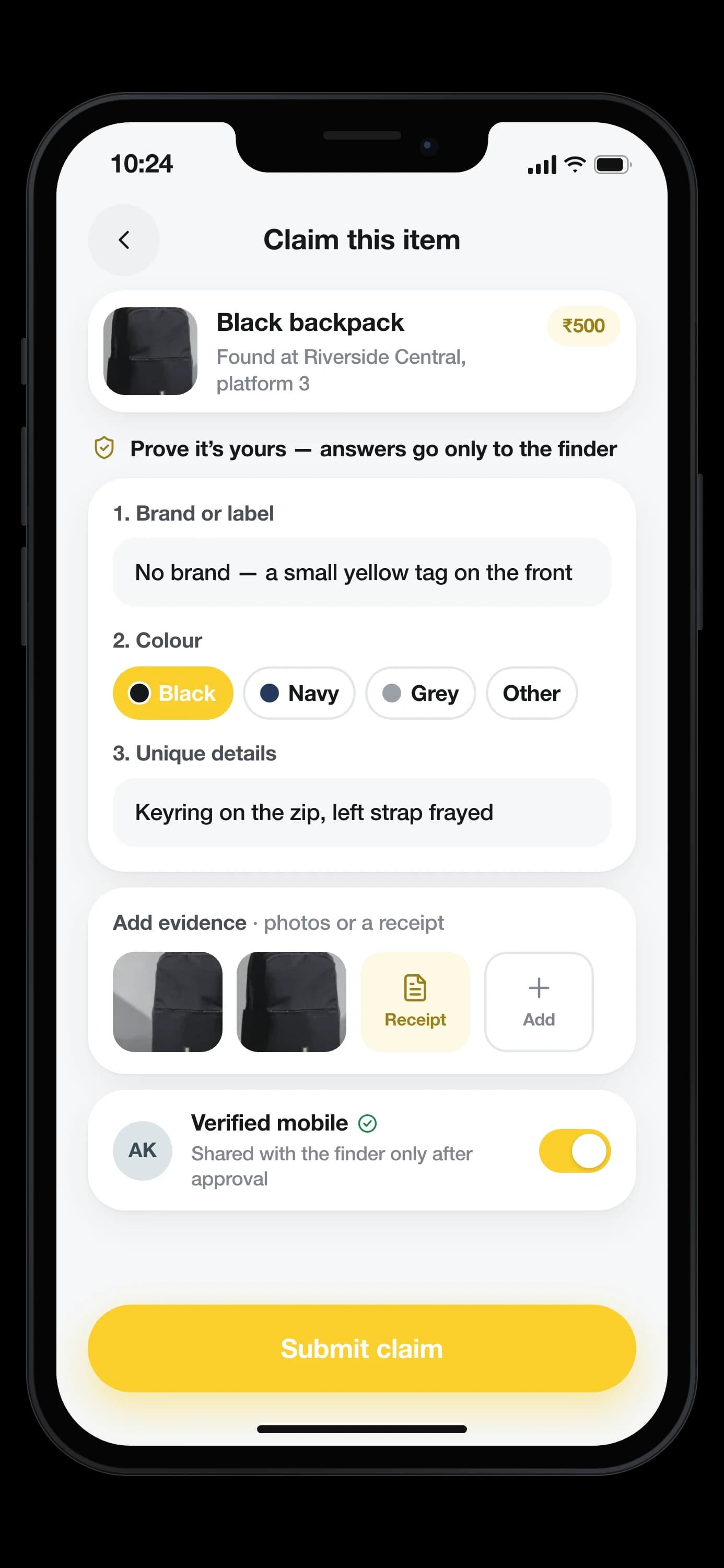 “Claim this item” for a black backpack: ownership questions on brand, colour and unique details, evidence photos and a receipt, and a verified mobile shared with the finder only after approval, over Submit claim — on an iPhone