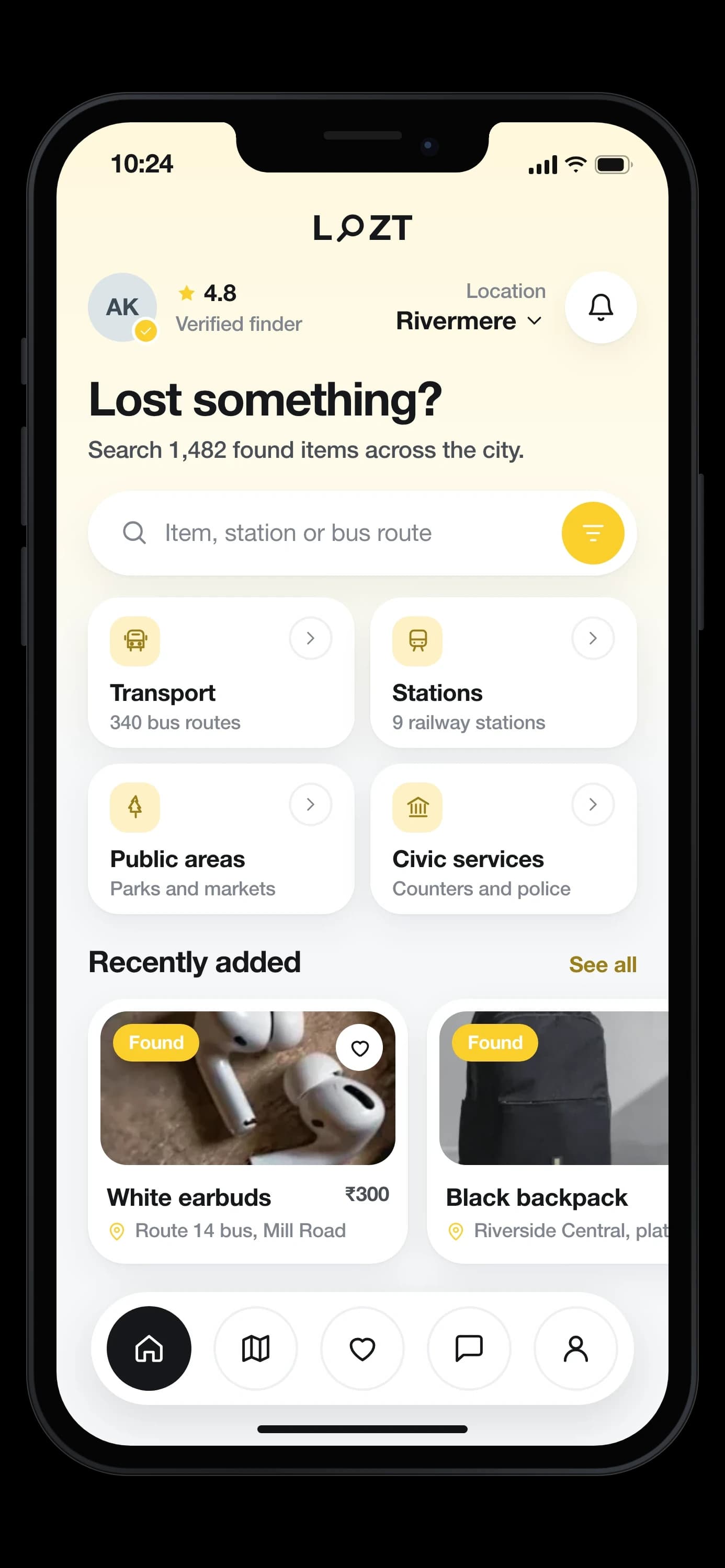 The app’s home screen asking “Lost something?” over a search of 1,482 found items, with transport, stations, public areas and civic services shortcuts and a recently-added rail of white earbuds and a black backpack — on an iPhone
