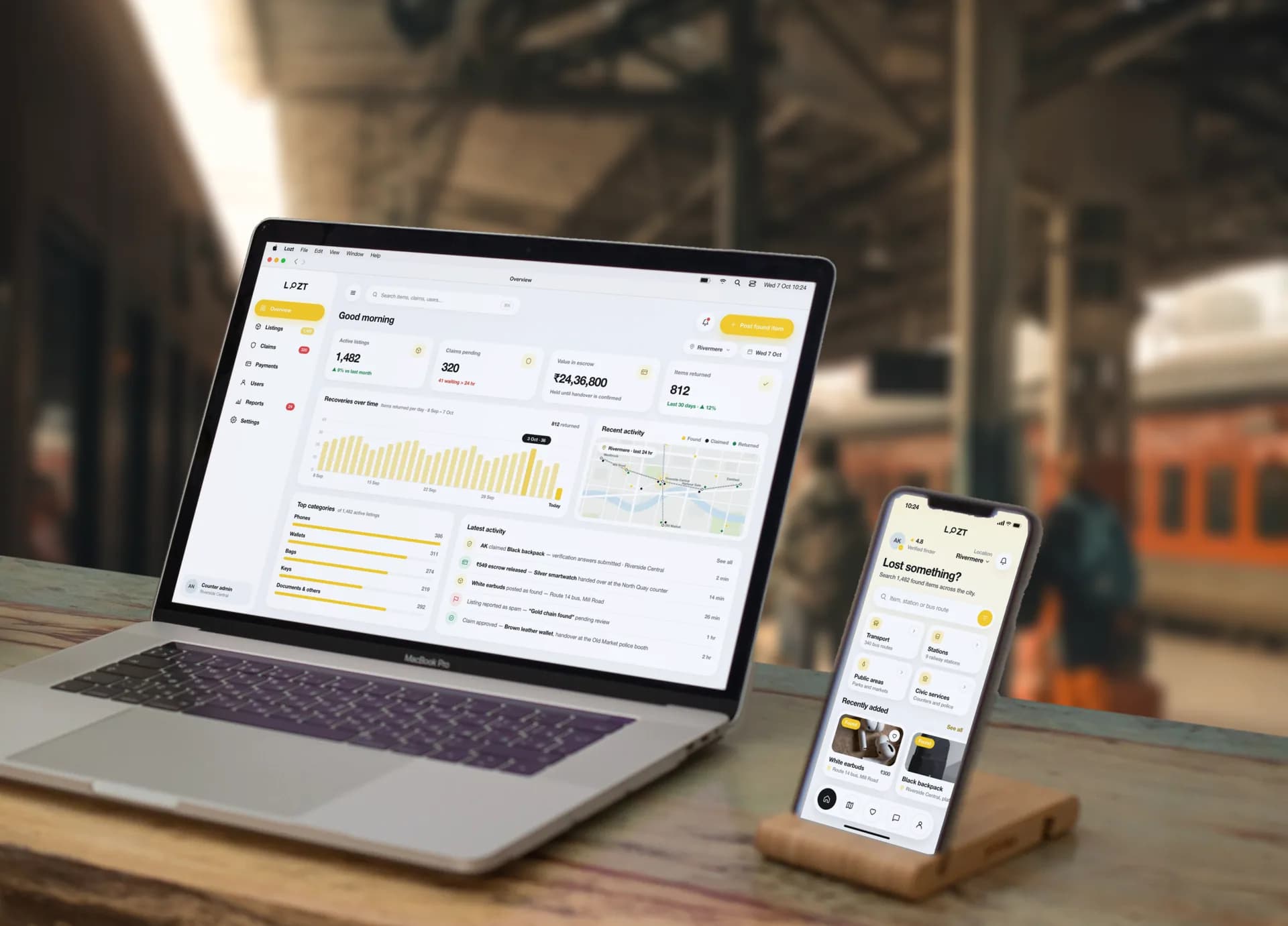 The Lozt operator overview on a MacBook Pro beside the app's “Lost something?” home screen on an iPhone in a stand, on a desk on a busy railway platform: 1,482 active listings, 320 claims pending, ₹24,36,800 held in escrow and 812 items returned in the last 30 days