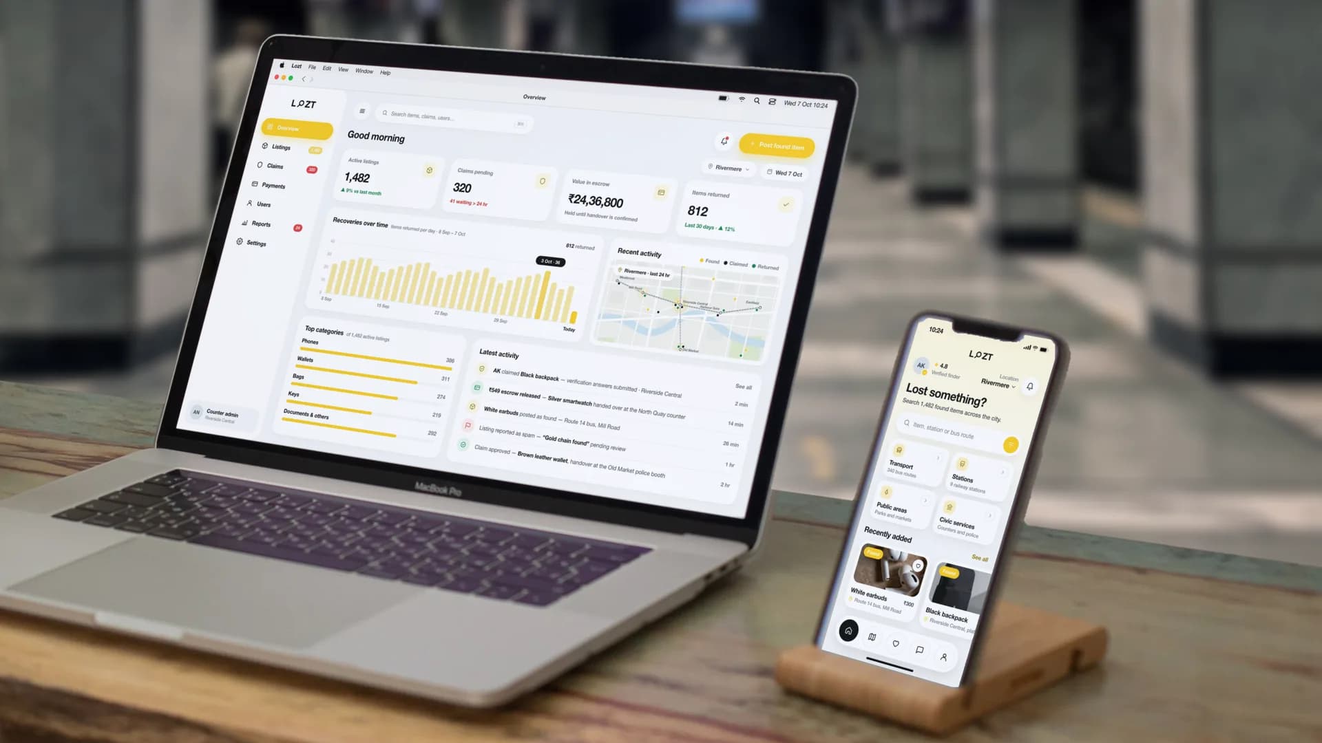 The Lozt operator overview on a MacBook Pro, the app’s “Lost something?” home screen on an iPhone beside it, on a desk on a metro platform: 1,482 active listings, 320 claims pending, ₹24,36,800 held in escrow and 812 items returned in the last 30 days, over a recoveries-per-day chart, a map of the last 24 hours’ activity across Rivermere, the categories the city loses most — phones, wallets, bags, keys — and a latest-activity feed