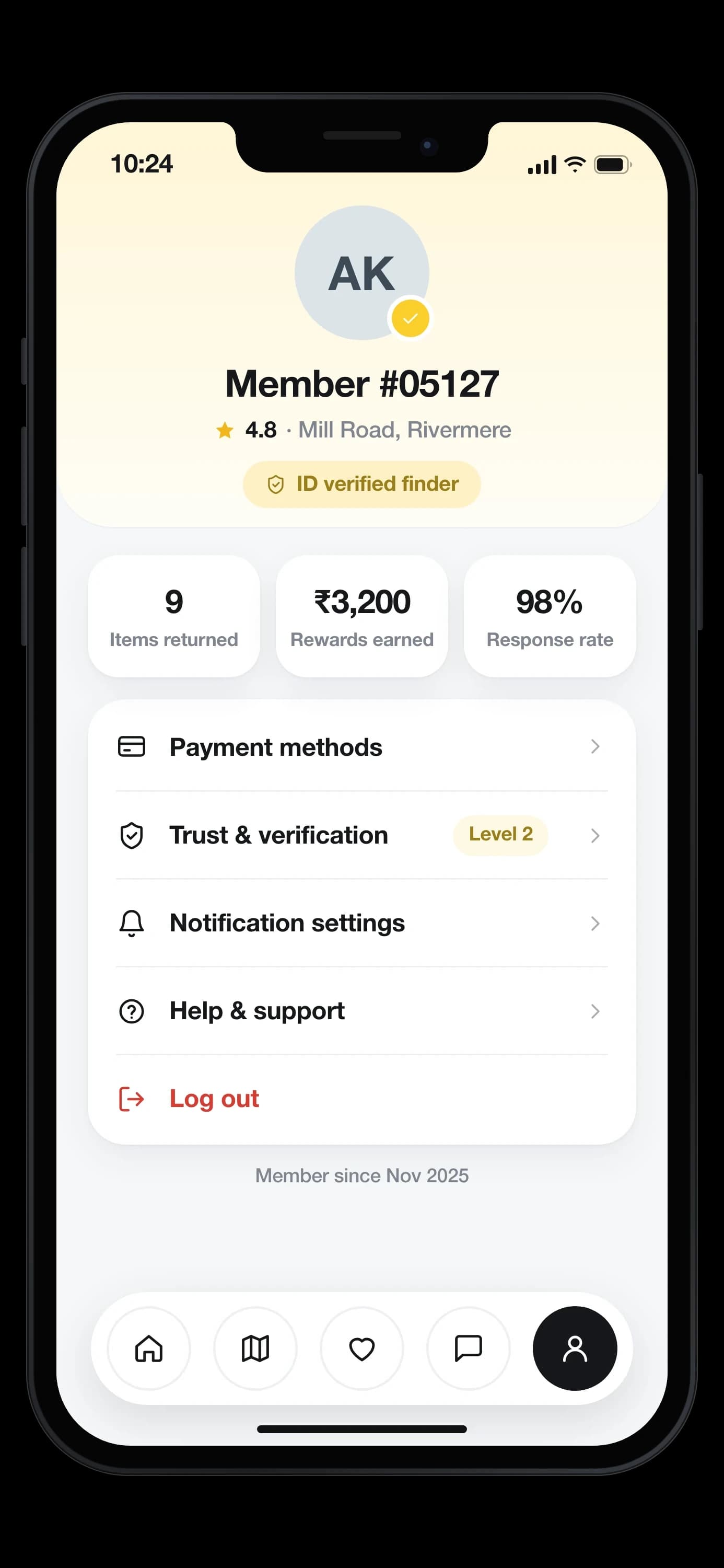 The app’s profile for Member #05127, shown by initials only: a 4.8 rating in Mill Road, an ID-verified finder at trust Level 2, 9 items returned, ₹3,200 in rewards earned and a 98% response rate, over payment methods, trust and verification, notification settings, help and log out — on an iPhone