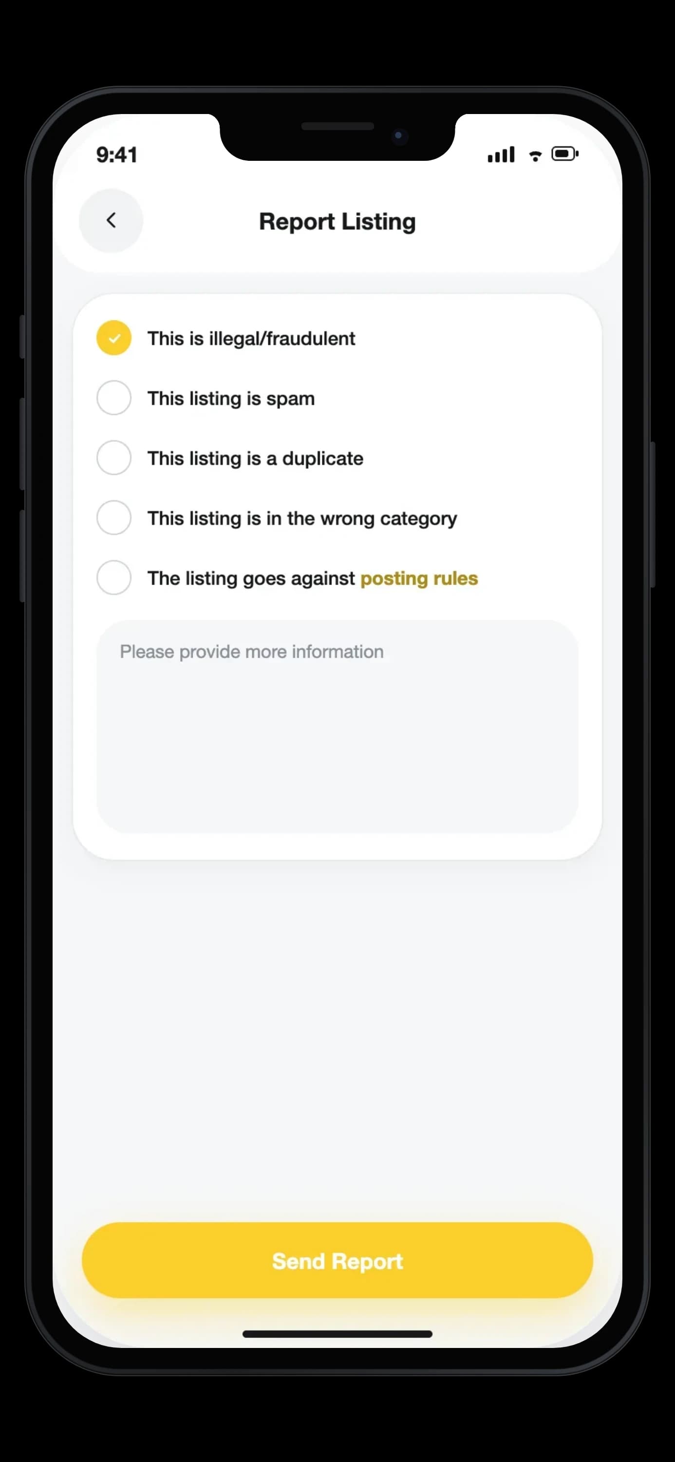 Mobile app — report a listing — on an iPhone