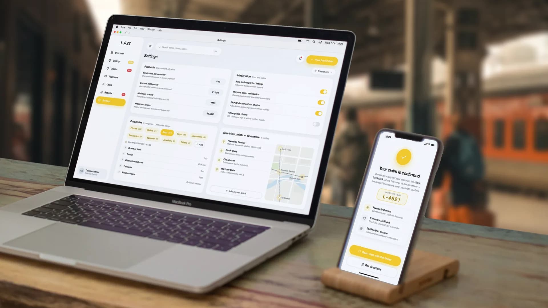 The settings console: a ₹49 service fee per recovery, a 7-day escrow hold, a ₹100 minimum and ₹5,000 maximum reward, moderation switches for auto-hiding after 3 reports, claim verification, blurring ID documents and guest claims, nine categories with their live listings and the claim questions for bags, and four Safe Meet points across Rivermere on a map — on a MacBook Pro beside the claim confirmation on an iPhone