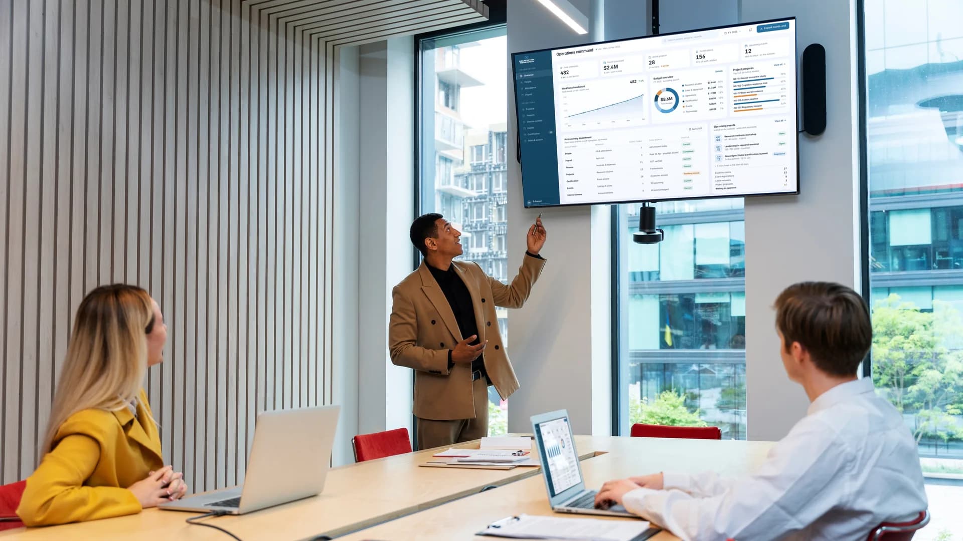 The NeuroSynk Research operations command: 482 total employees, $2.4M payroll processed, 28 active projects, 156 certifications and 12 upcoming events, over a workforce headcount trend, an $8.6M budget split and per-project progress — on a meeting room's wall display, a presenter pointing up at it while two colleagues at the table follow, one with the organisation overview open on a laptop