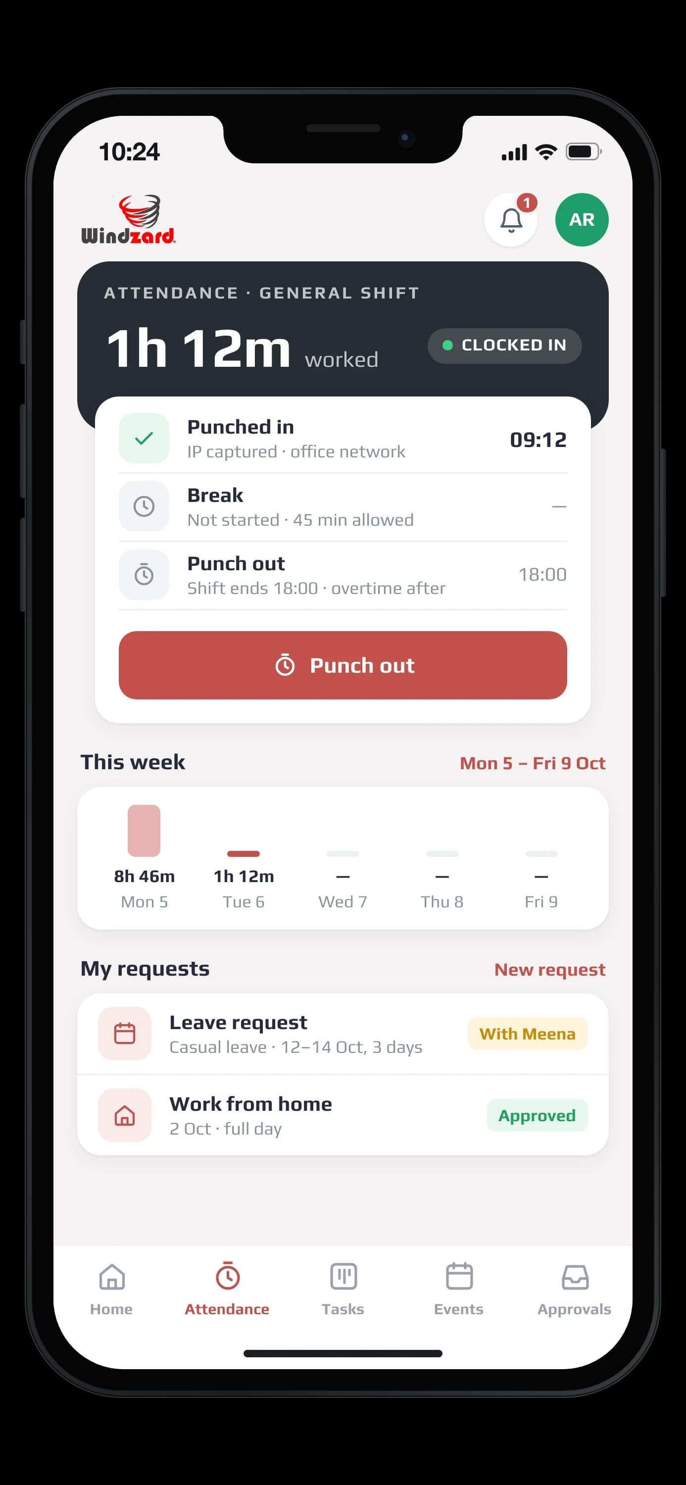 The staff app's attendance screen: the day's punch-in at 09:12 with 1h 12m worked, the week's hours, and a leave request waiting on an approver — on an iPhone