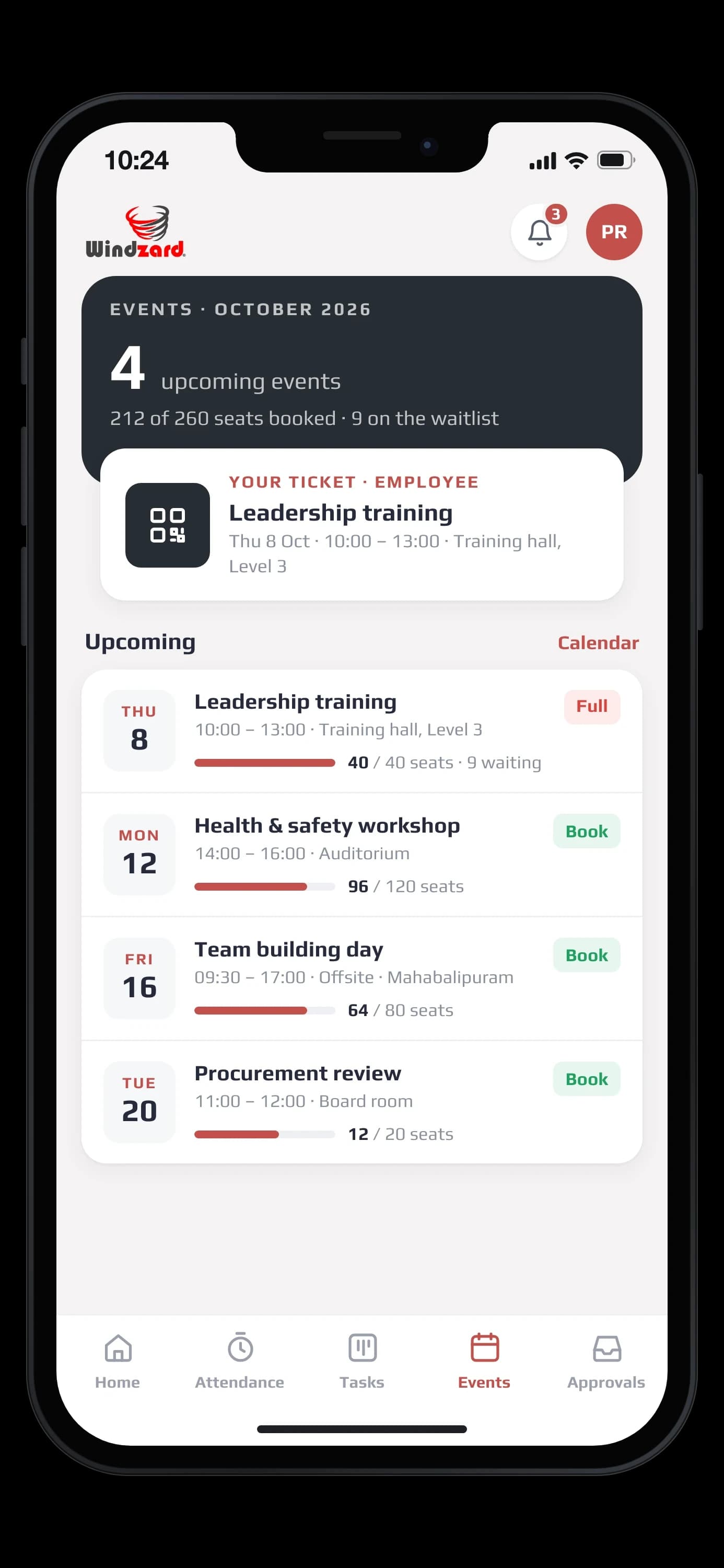 The staff app: an employee ticket for the leadership training, and the four upcoming events with dates and seats booked against each — on an iPhone