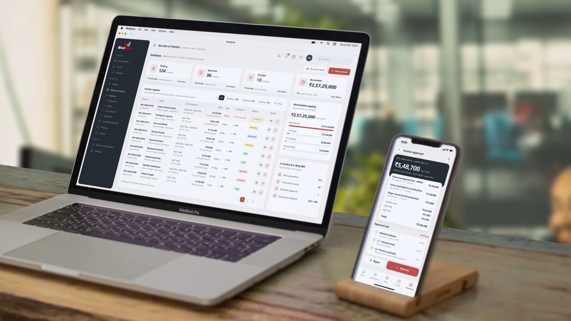 The Finance & Billing invoice register: each client's invoice with its GST treatment, its amount and its paid, pending, approved or overdue state, under 124 pending, 36 approved and 18 overdue — on a MacBook, with an invoice awaiting L2 approval on an iPhone