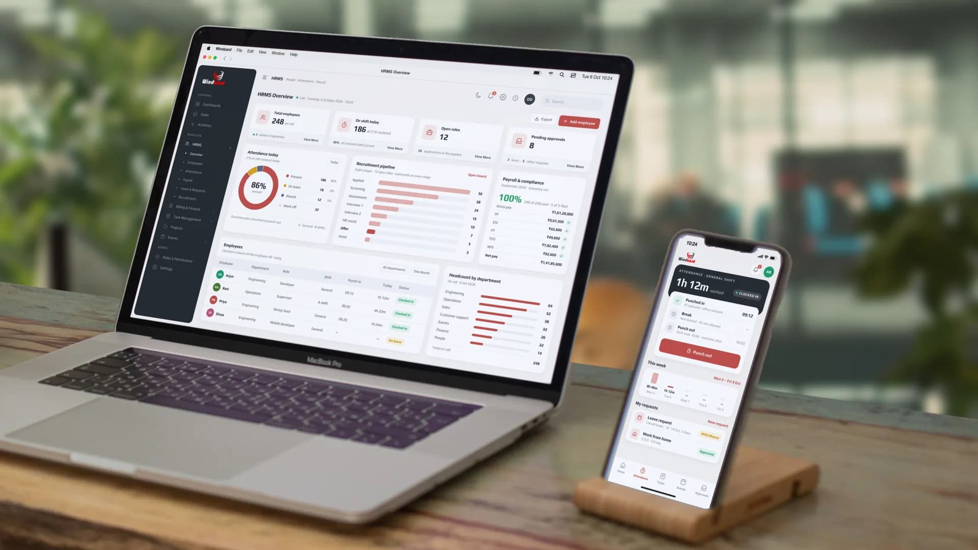 The HRMS overview: 248 employees, 186 on shift today, 12 open roles and 8 pending approvals, with attendance at 86% present, the recruitment pipeline from 56 applications to 5 offers, and September payroll and compliance at 100% — on a MacBook, with the staff app's attendance screen on an iPhone