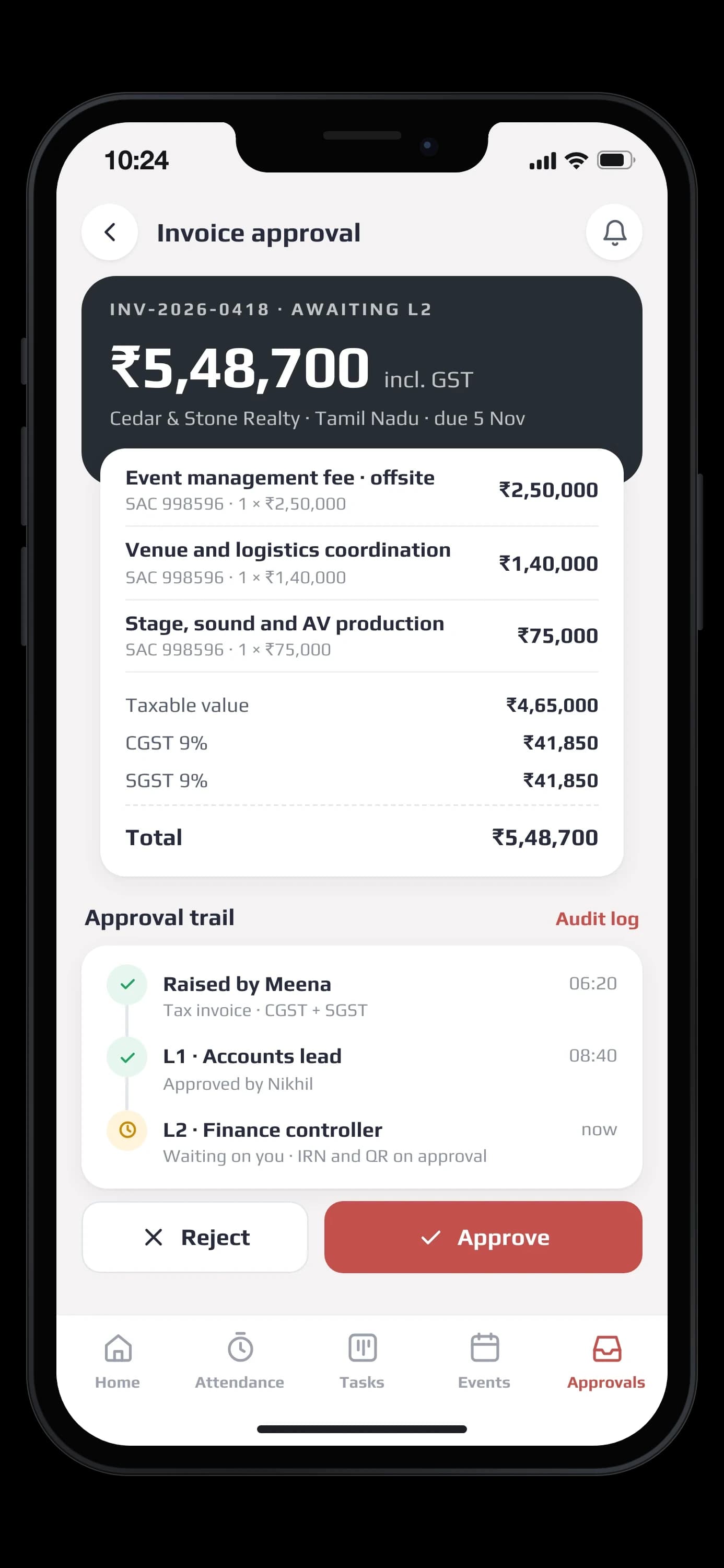 The finance app: invoice INV-2026-0418 open on its line items, CGST and SGST and its ₹5,48,700 total, with its approval trail waiting at L2 — on an iPhone