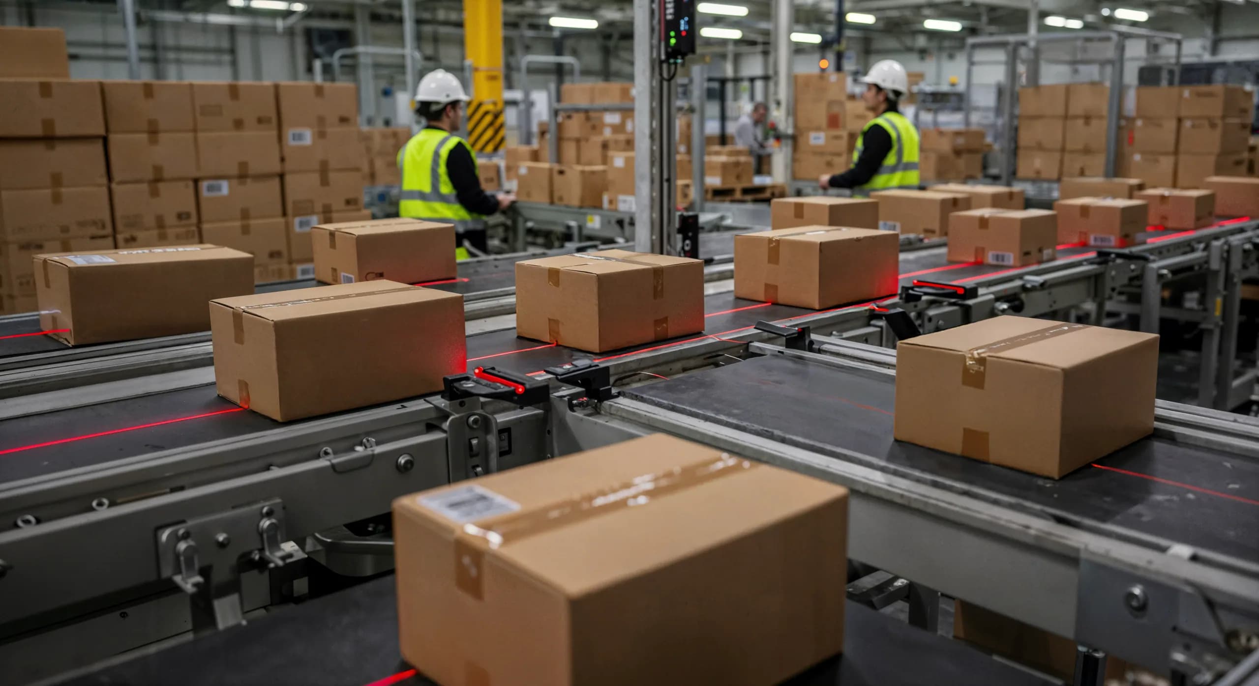 Cardboard boxes moving along a conveyor line inside a warehouse