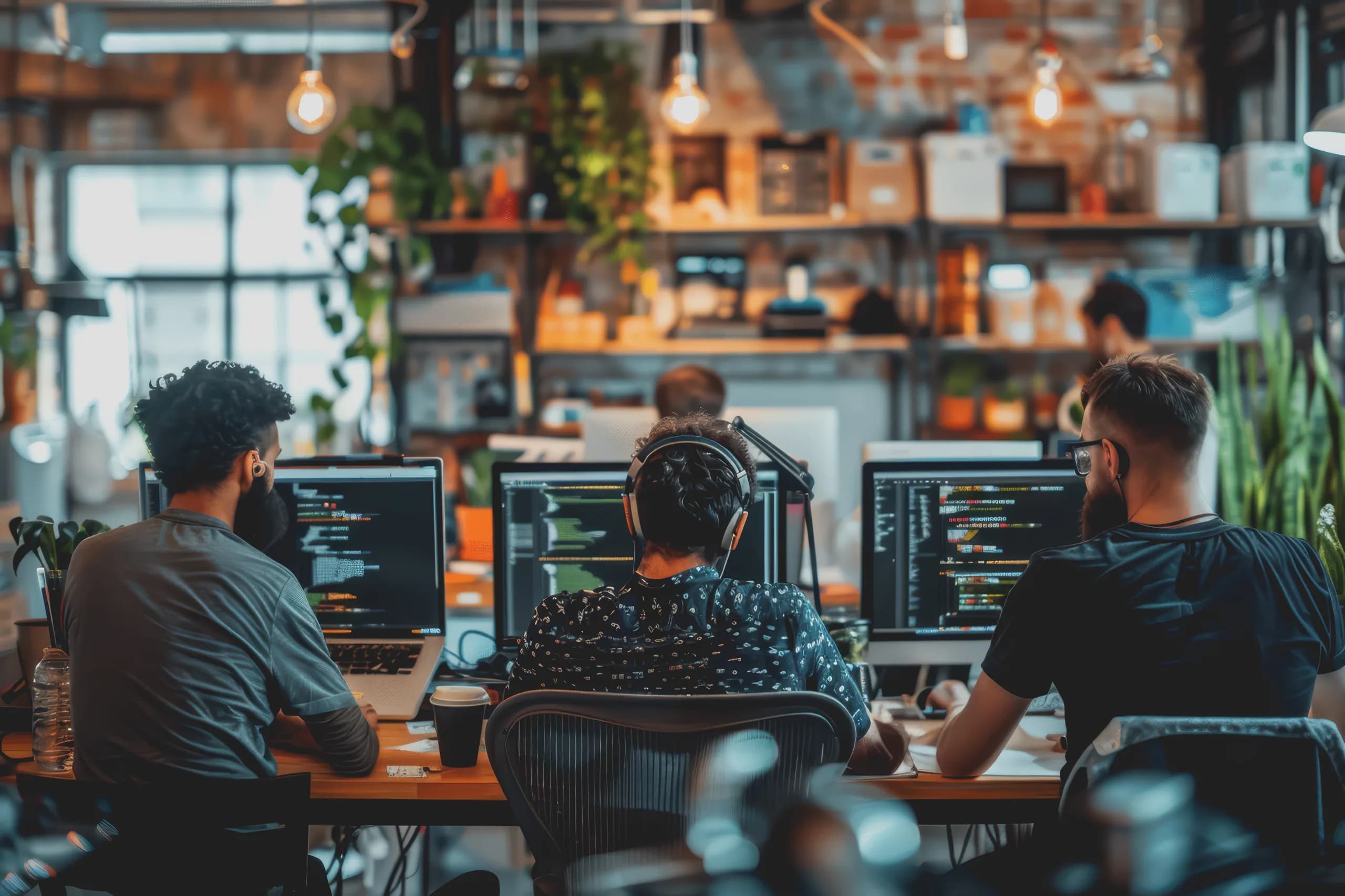 Software engineers at a shared bench of monitors, writing and reviewing code together
