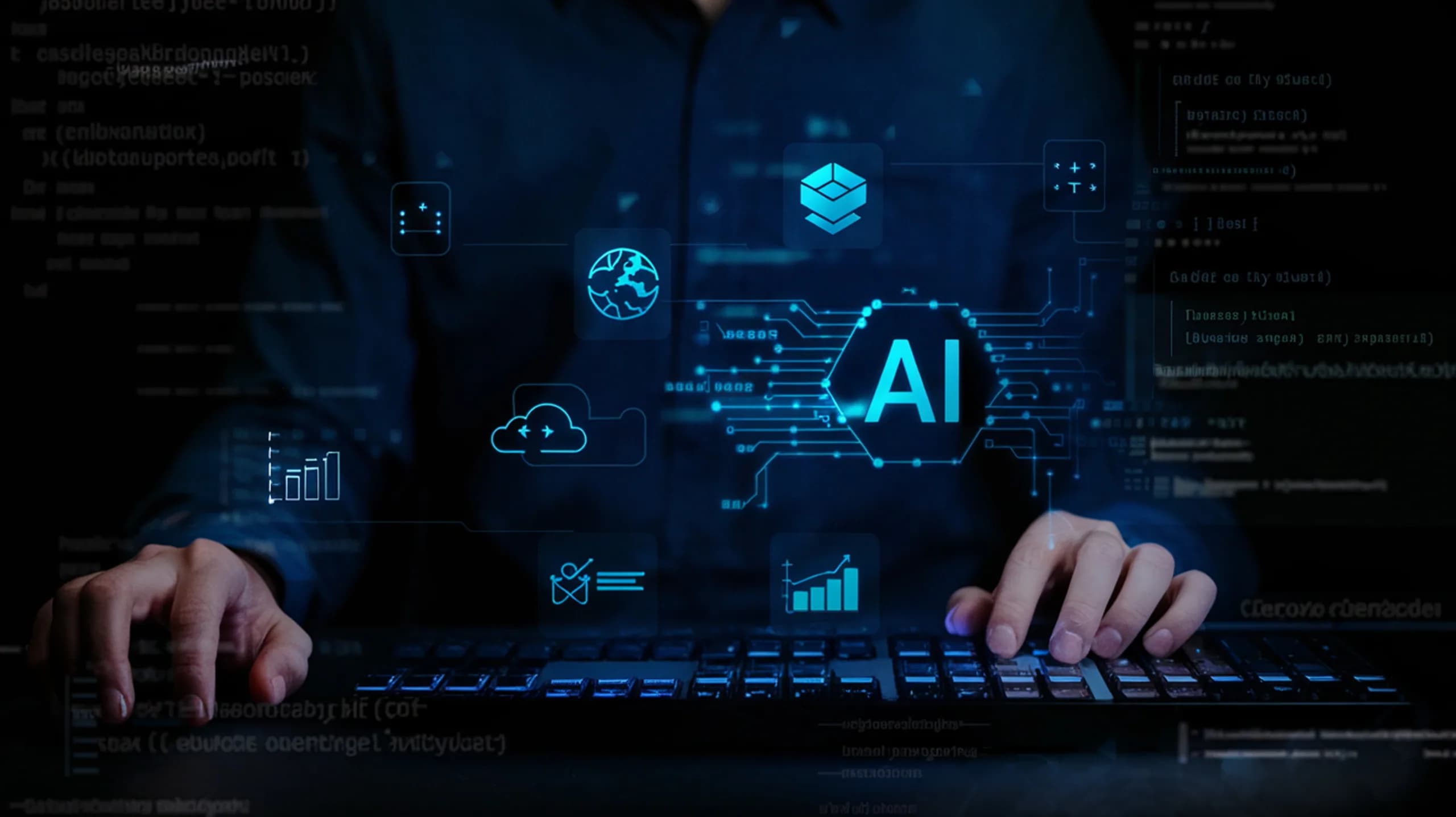 A support agent working at a keyboard while an AI assistant links the tools around it
