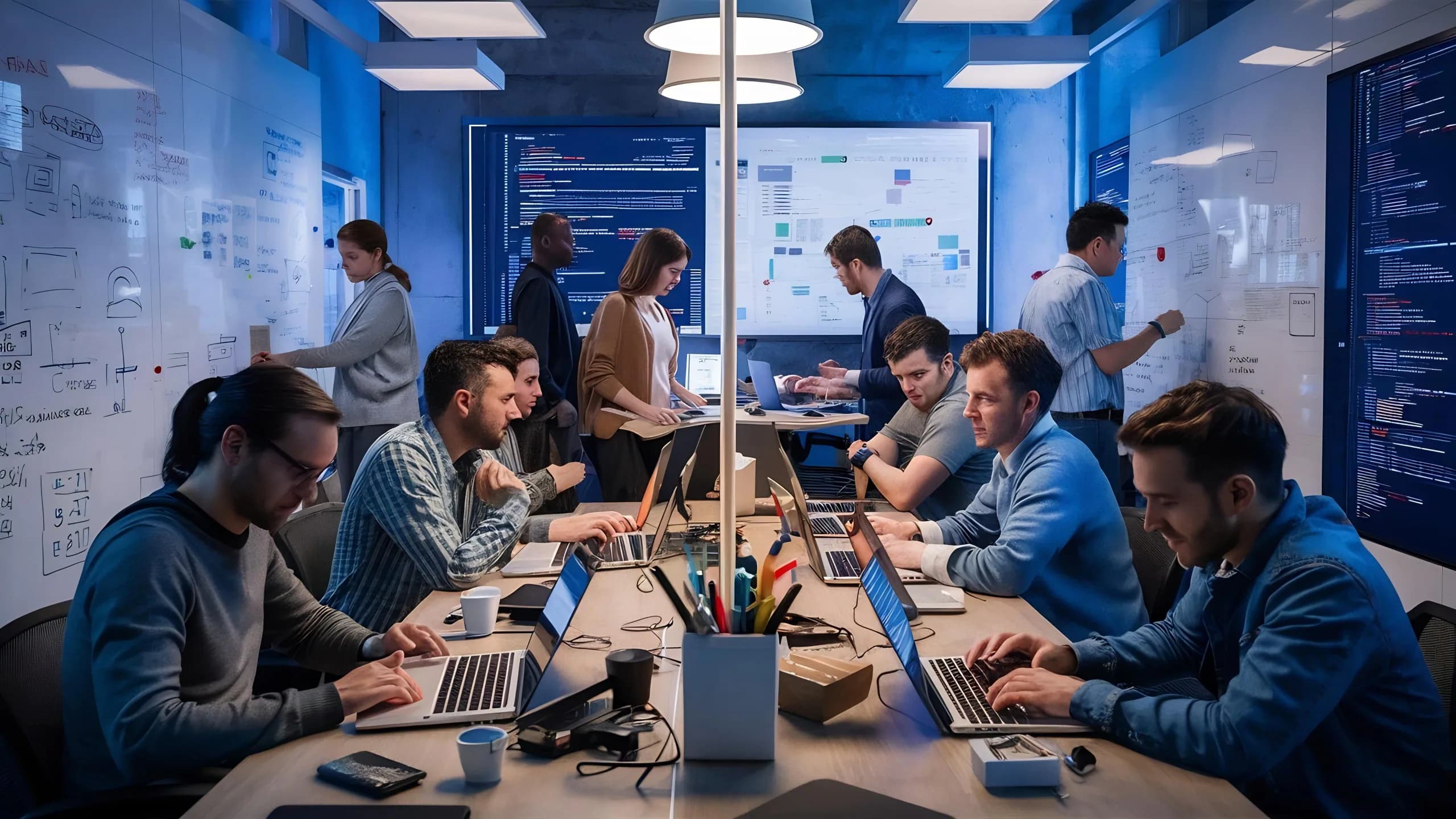 Code and website design on a developer's screen in a software workspace