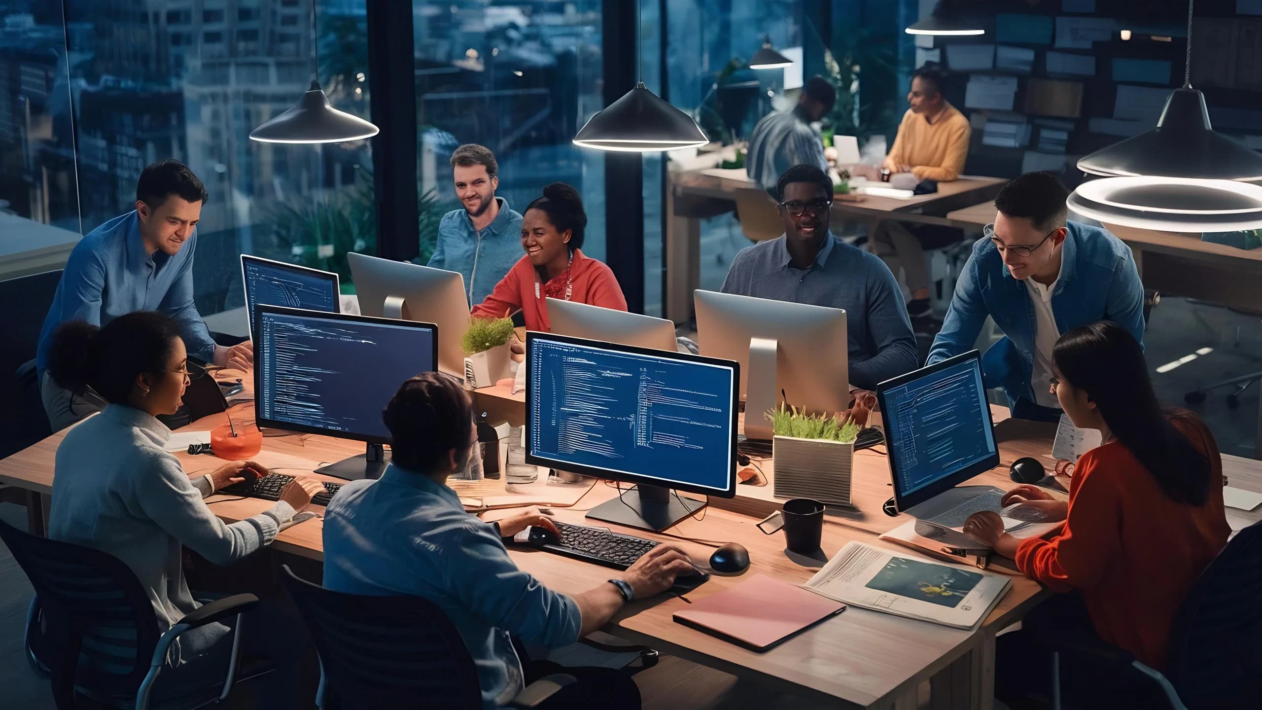 A software team collaborating at their workstations on custom enterprise software development
