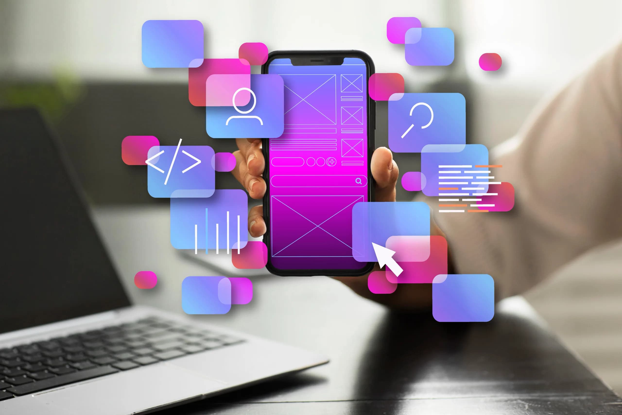 App screens and interface components assembled around a phone held in one hand