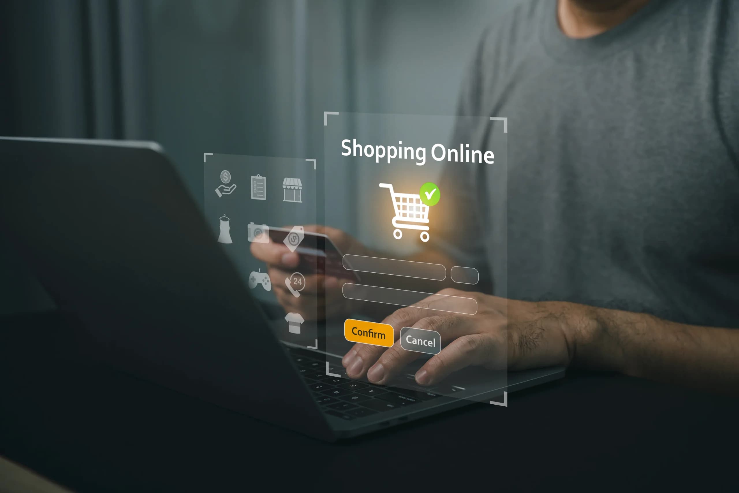 A person with a card in hand at a laptop, behind an overlay of an online shopping cart and a checkout form