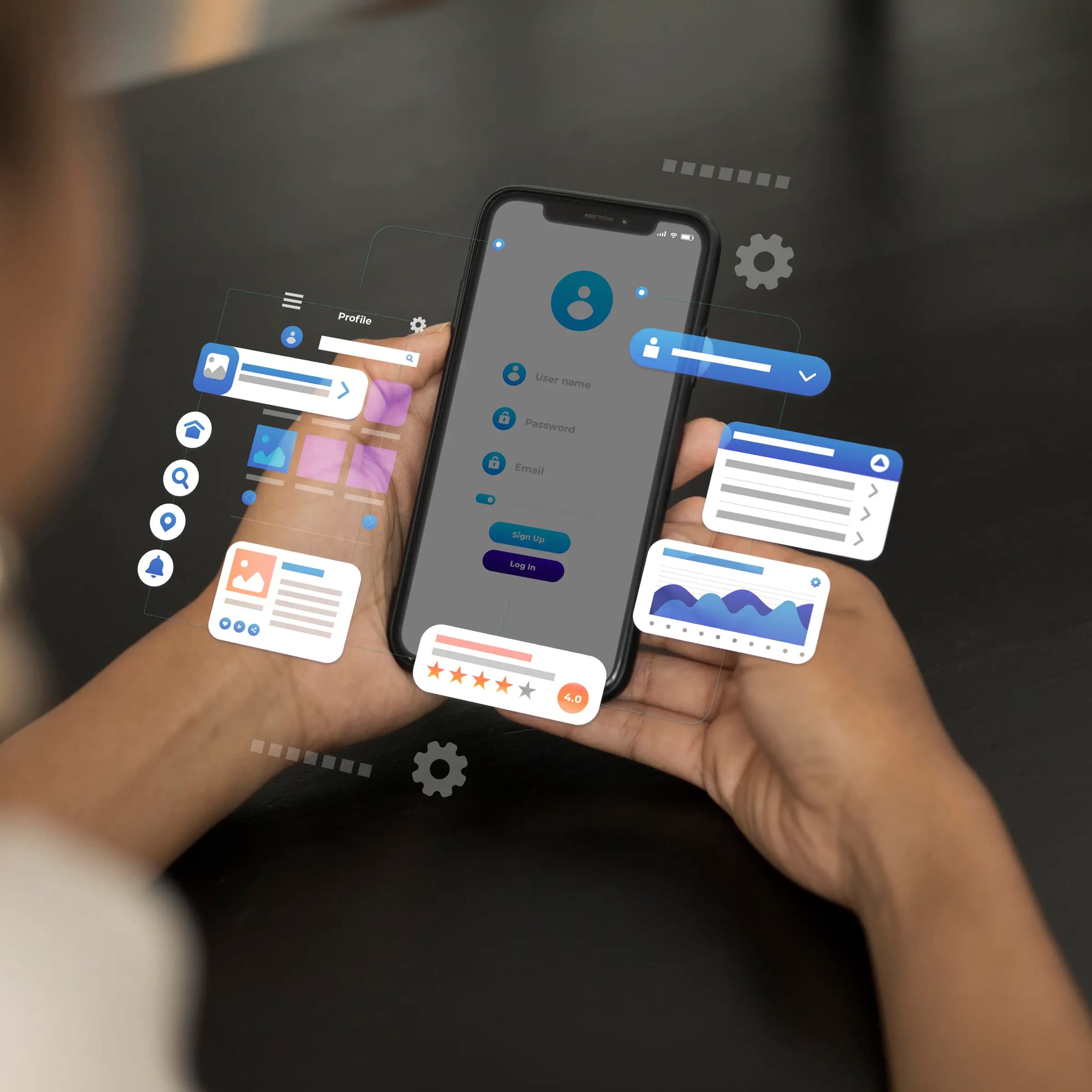 Two hands holding a smartphone open on a profile screen, with app screens, forms, charts and ratings floating around it