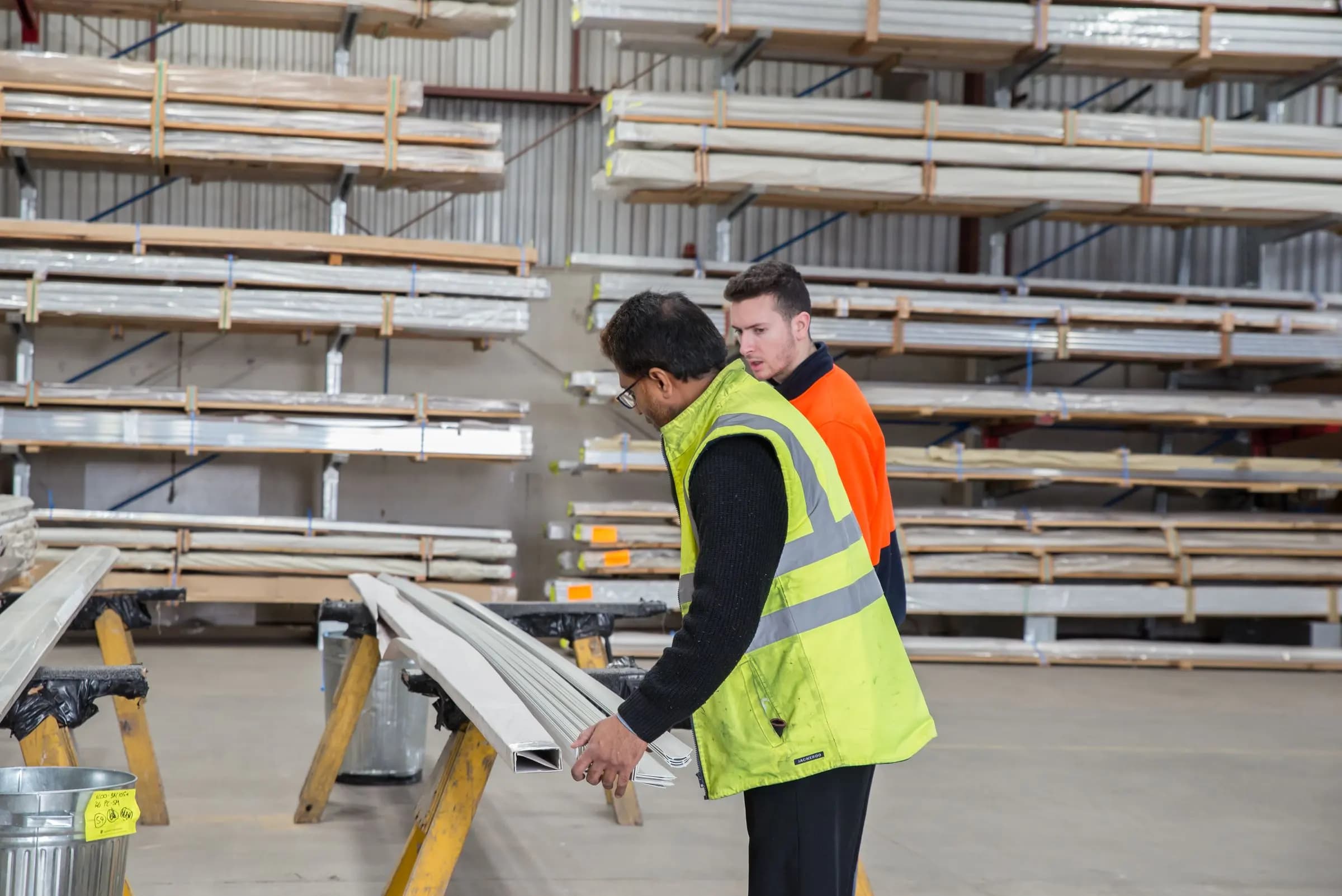Two workers in high-visibility vests inspect lengths of metal stock in a warehouse lined with racks.