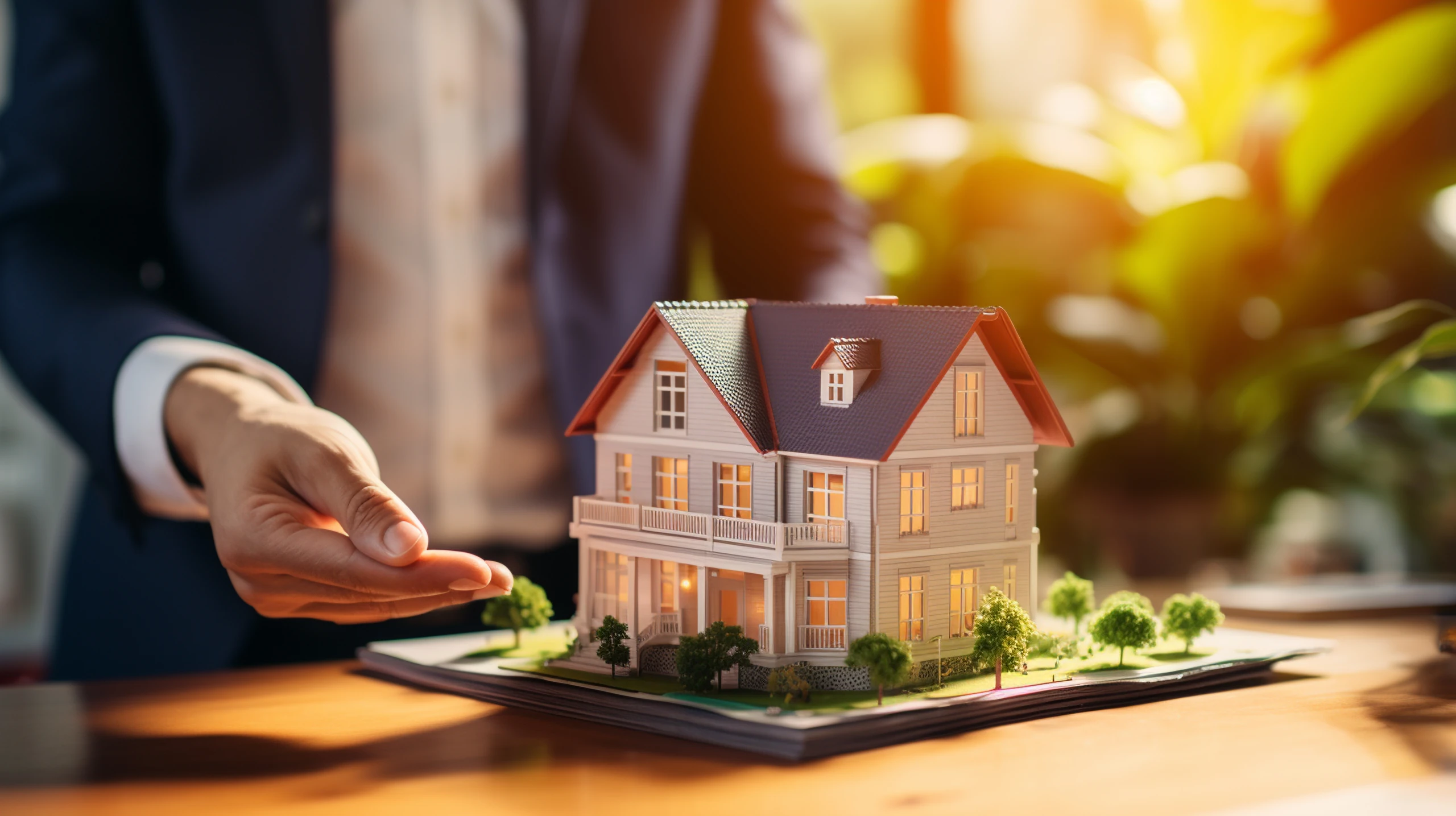 Property consultant presenting an architectural model house to a client