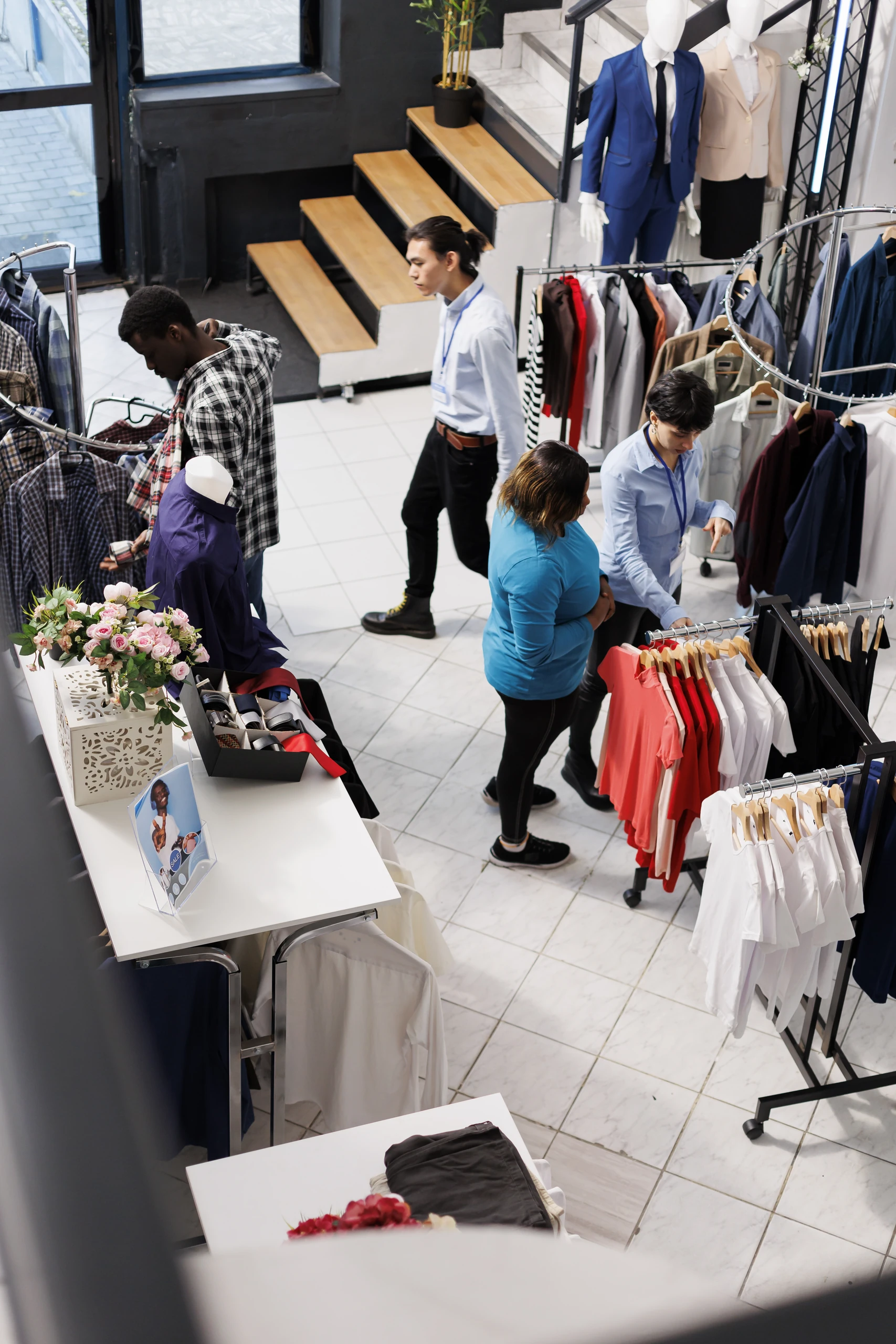 Overhead view of staff and shoppers among rails in a clothing store