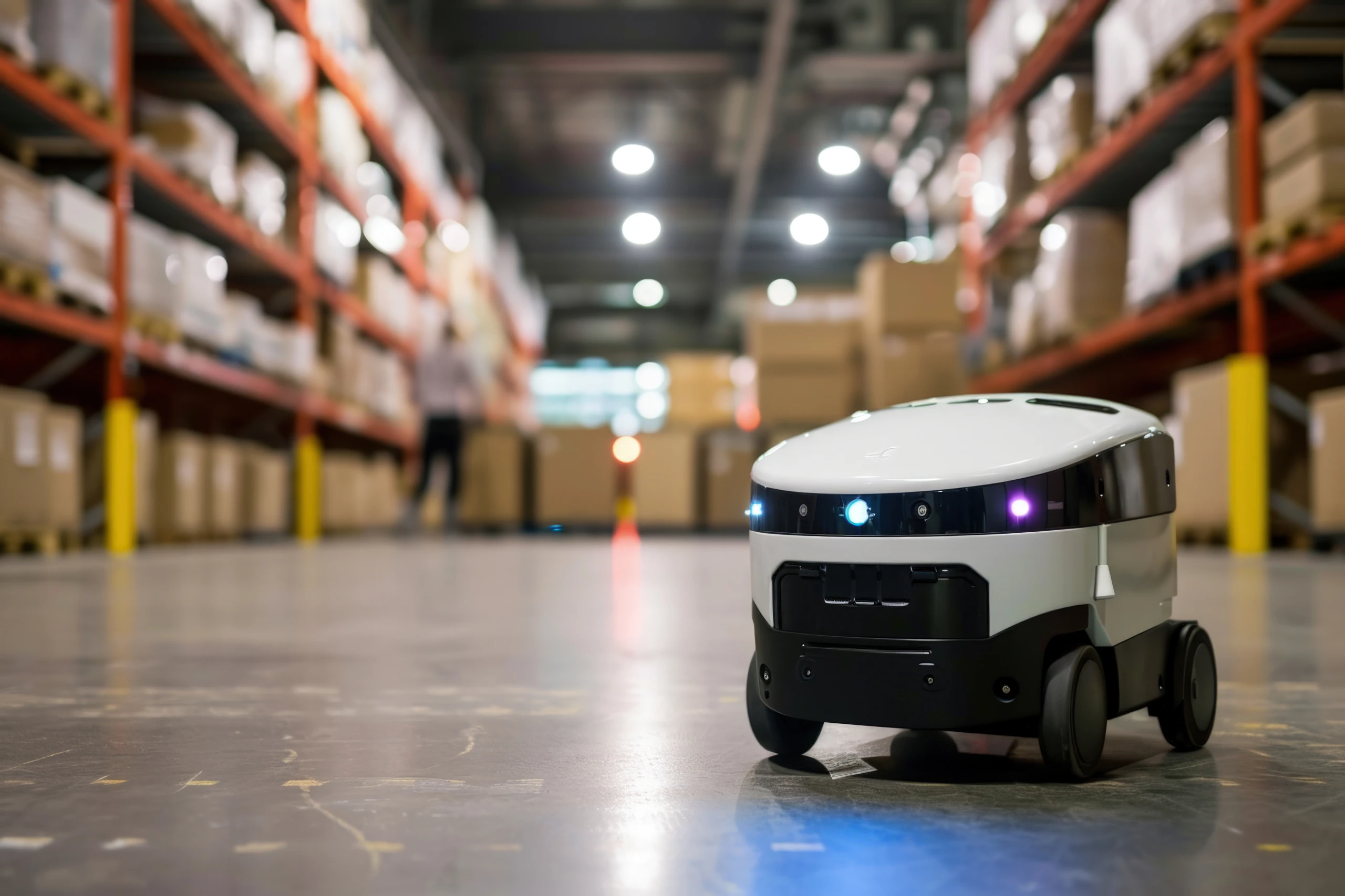 Autonomous delivery robot moving down a warehouse racking aisle