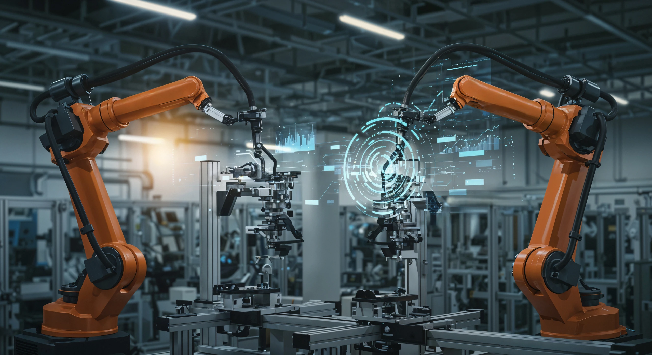 Paired industrial robot arms with a live process data overlay between them
