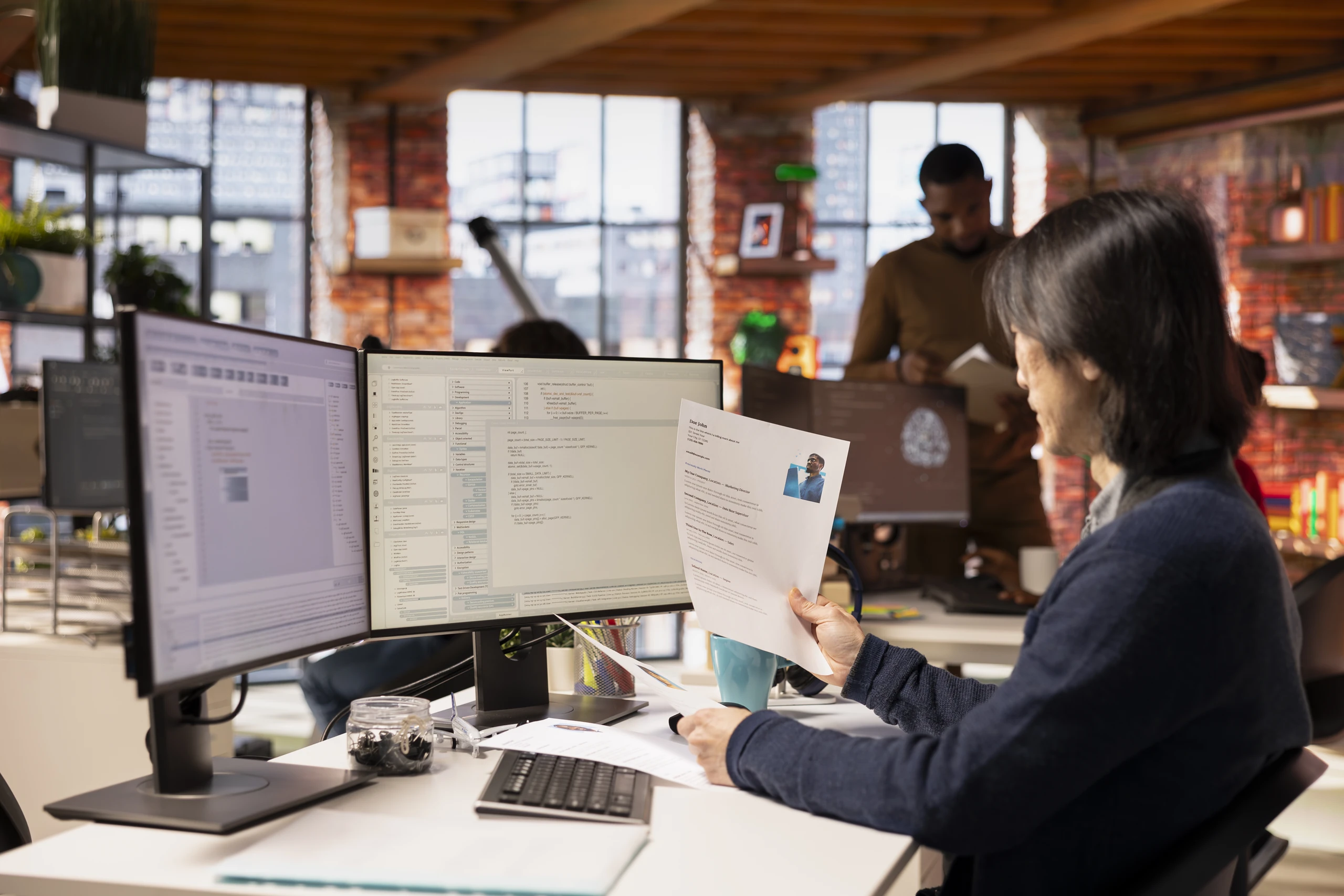 Hiring manager reviewing a printed CV at a dual-monitor developer workstation