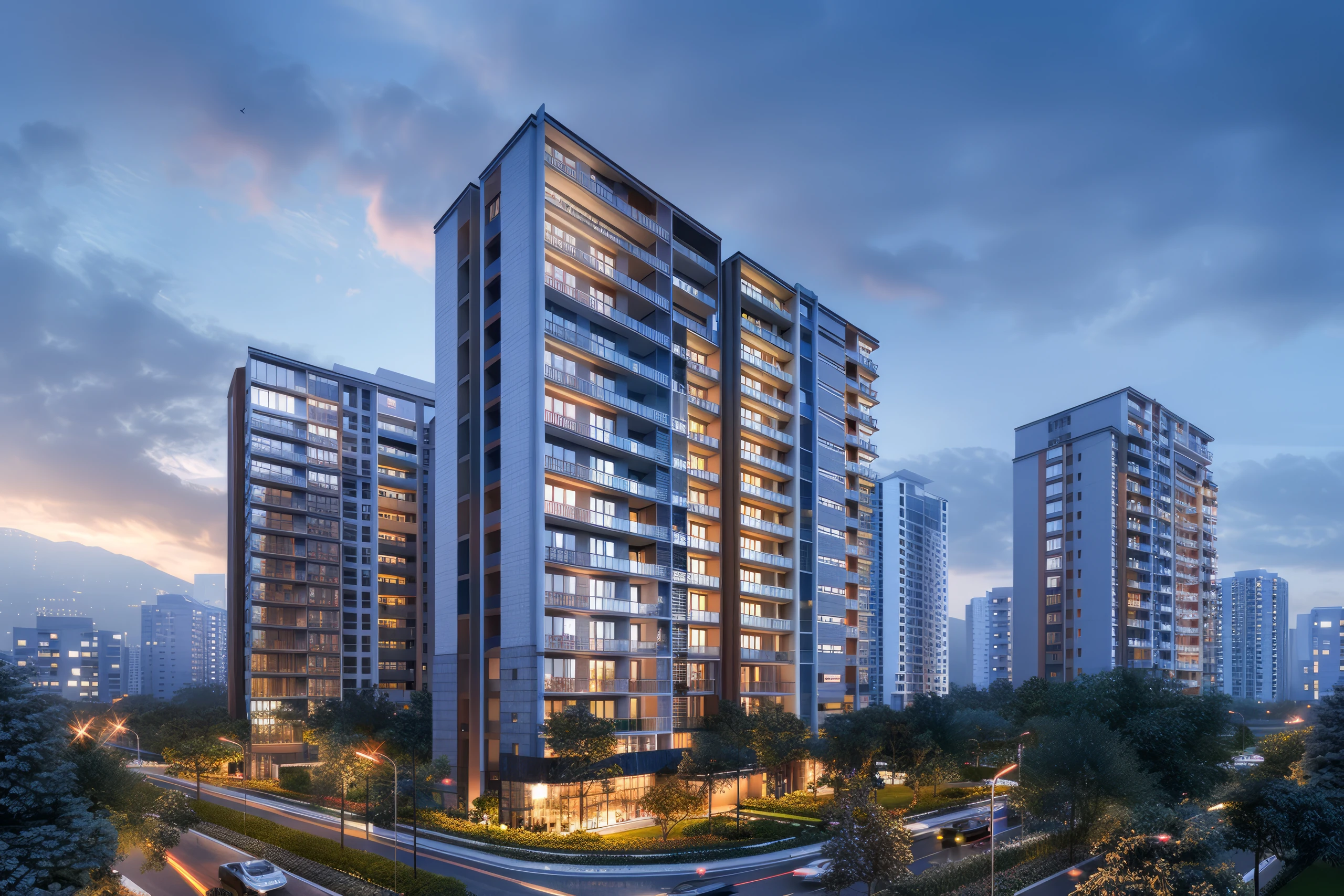Lit residential apartment towers against a city skyline at dusk