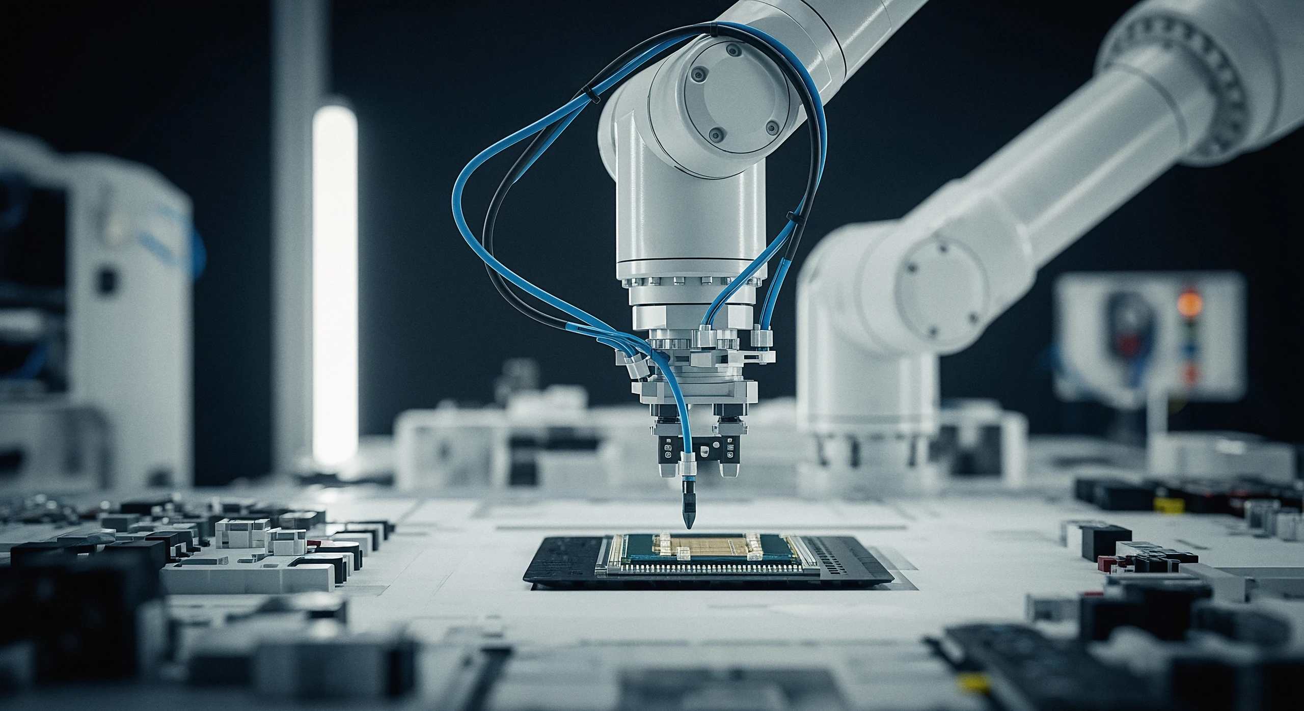 Robot arm placing a chip onto a circuit board in a clean assembly cell