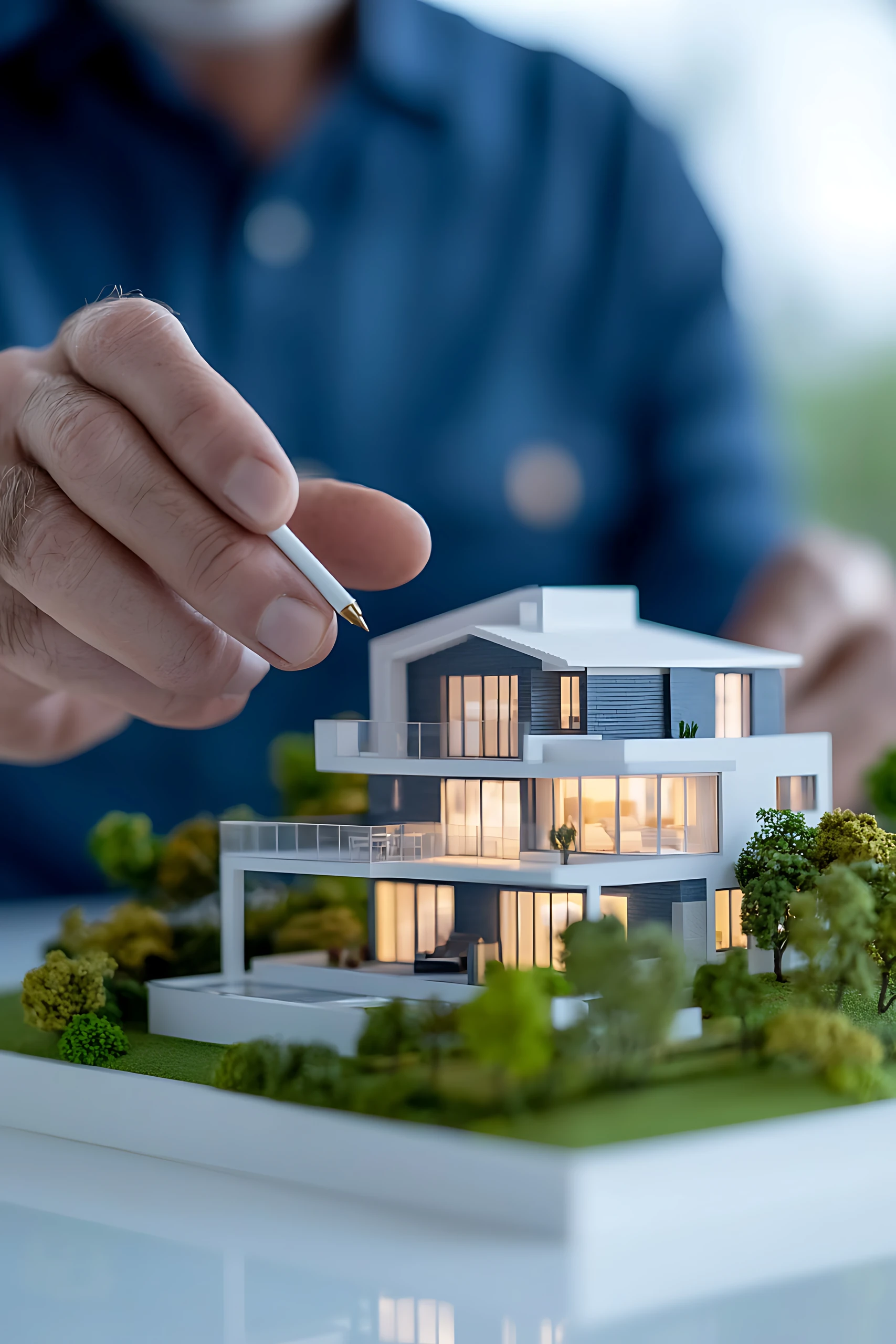 Close-up of a hand and pen over an architectural scale model of a house