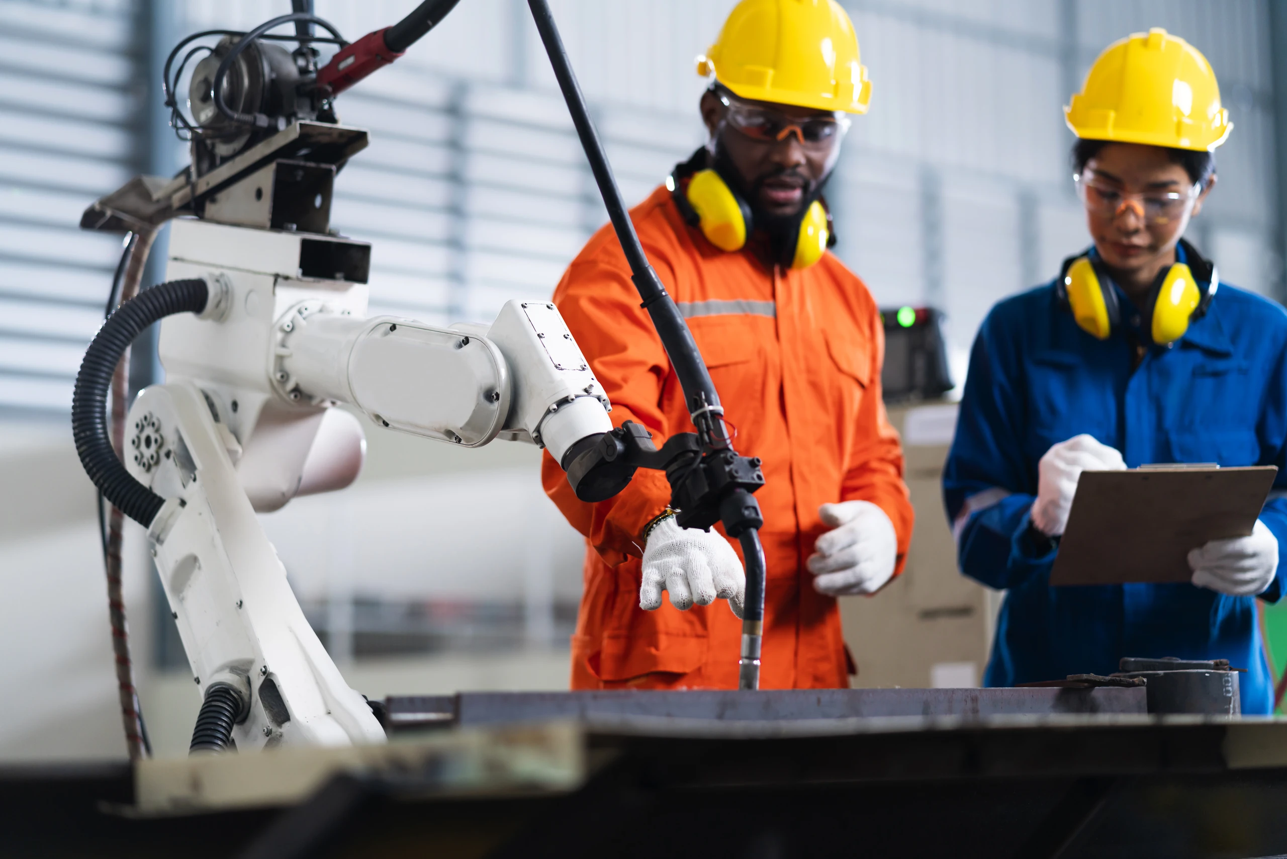 Two technicians in hard hats inspecting a welding robot arm on a factory line