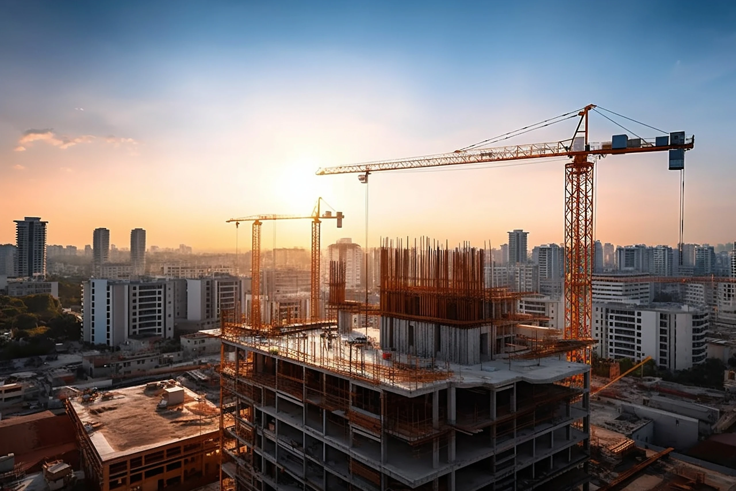 Tower cranes over a high-rise concrete floor plate at sunrise
